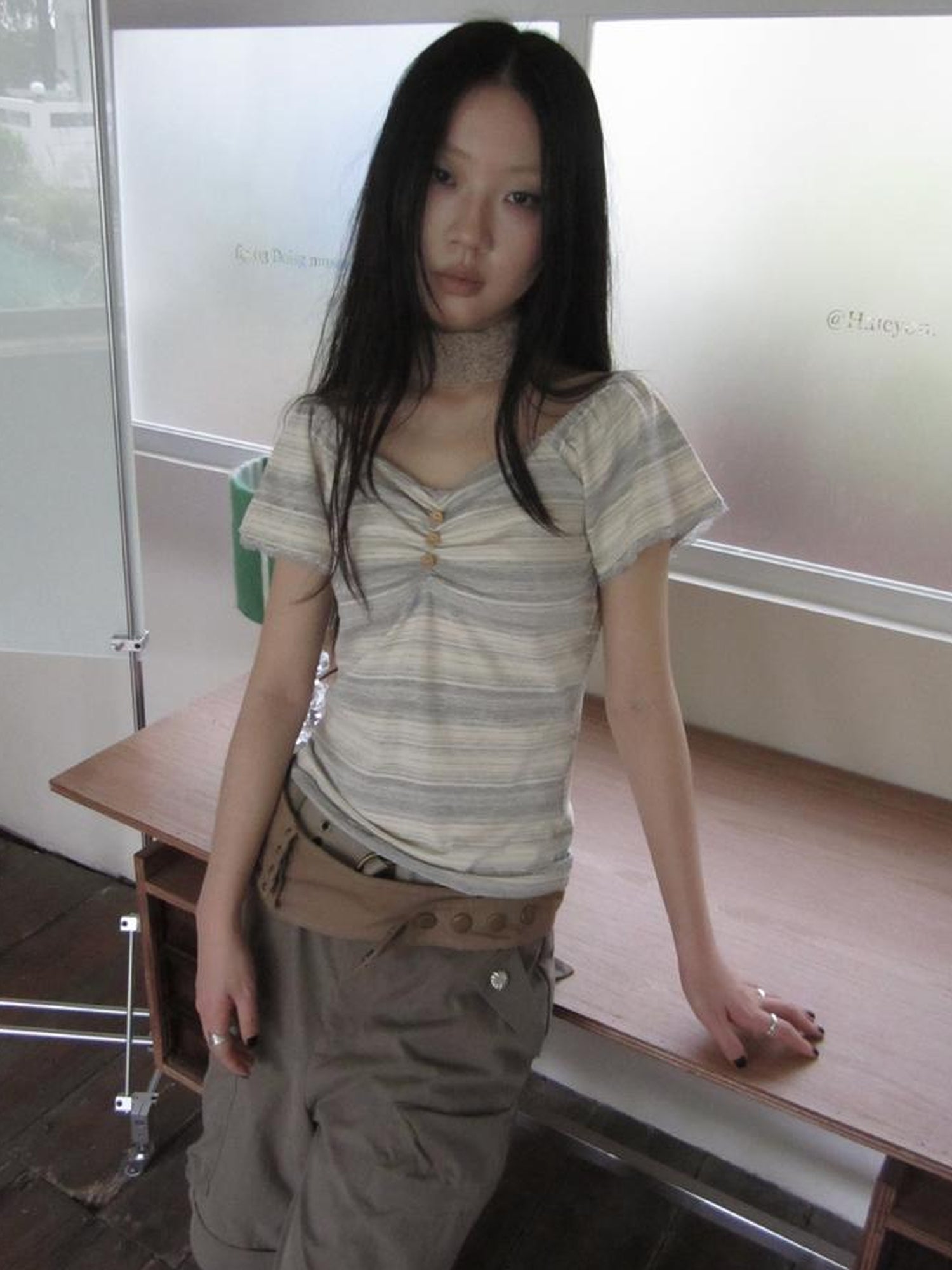 ang project Vintage Lace Trimmed V-Neck Button Detail Striped Summer Tee