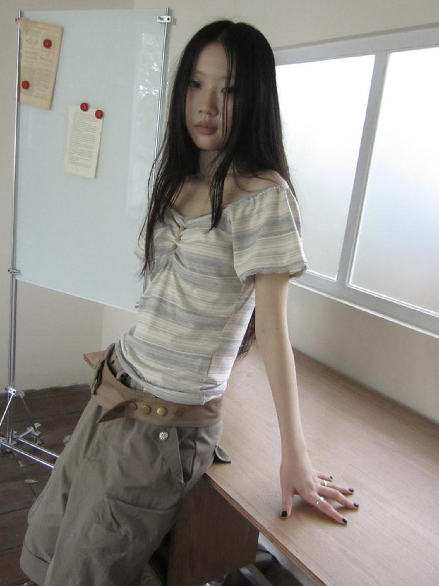 ang project Vintage Lace Trimmed V-Neck Button Detail Striped Summer Tee