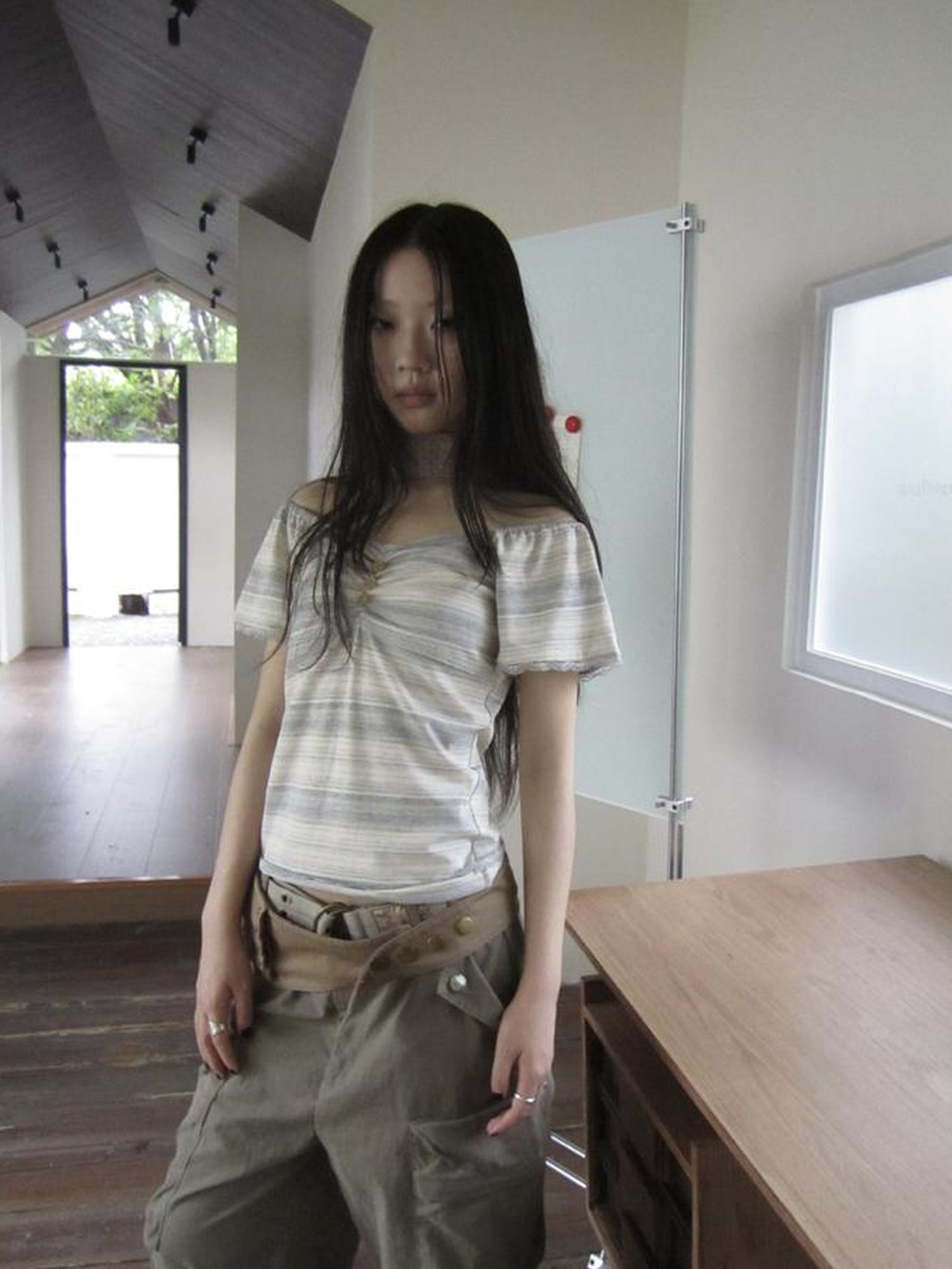 ang project Vintage Lace Trimmed V-Neck Button Detail Striped Summer Tee