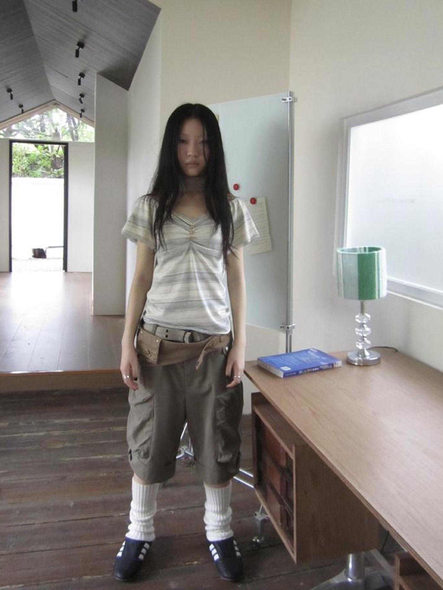 ang project Vintage Lace Trimmed V-Neck Button Detail Striped Summer Tee