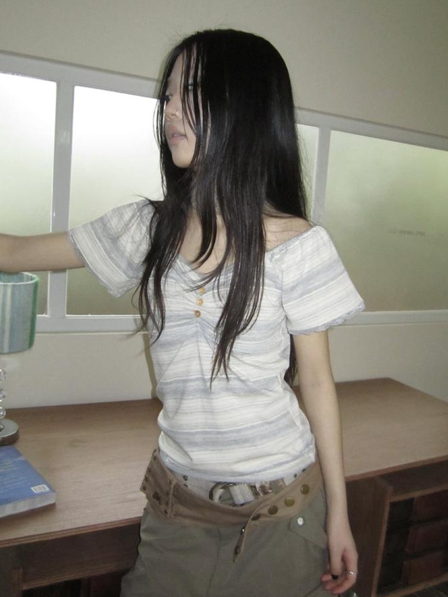 ang project Vintage Lace Trimmed V-Neck Button Detail Striped Summer Tee