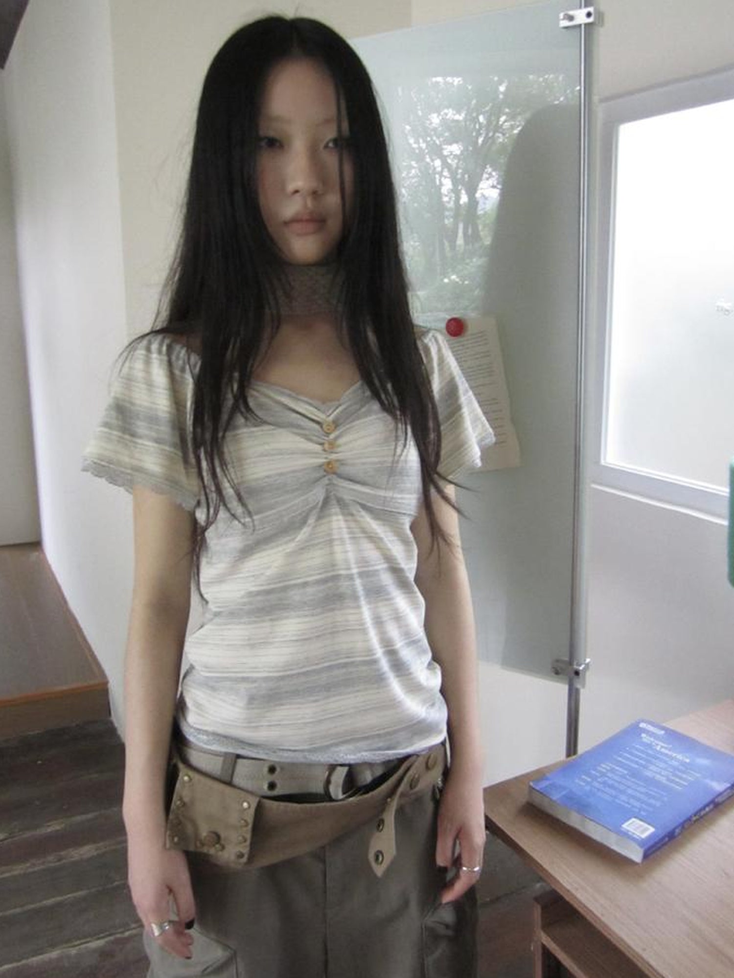 ang project Vintage Lace Trimmed V-Neck Button Detail Striped Summer Tee