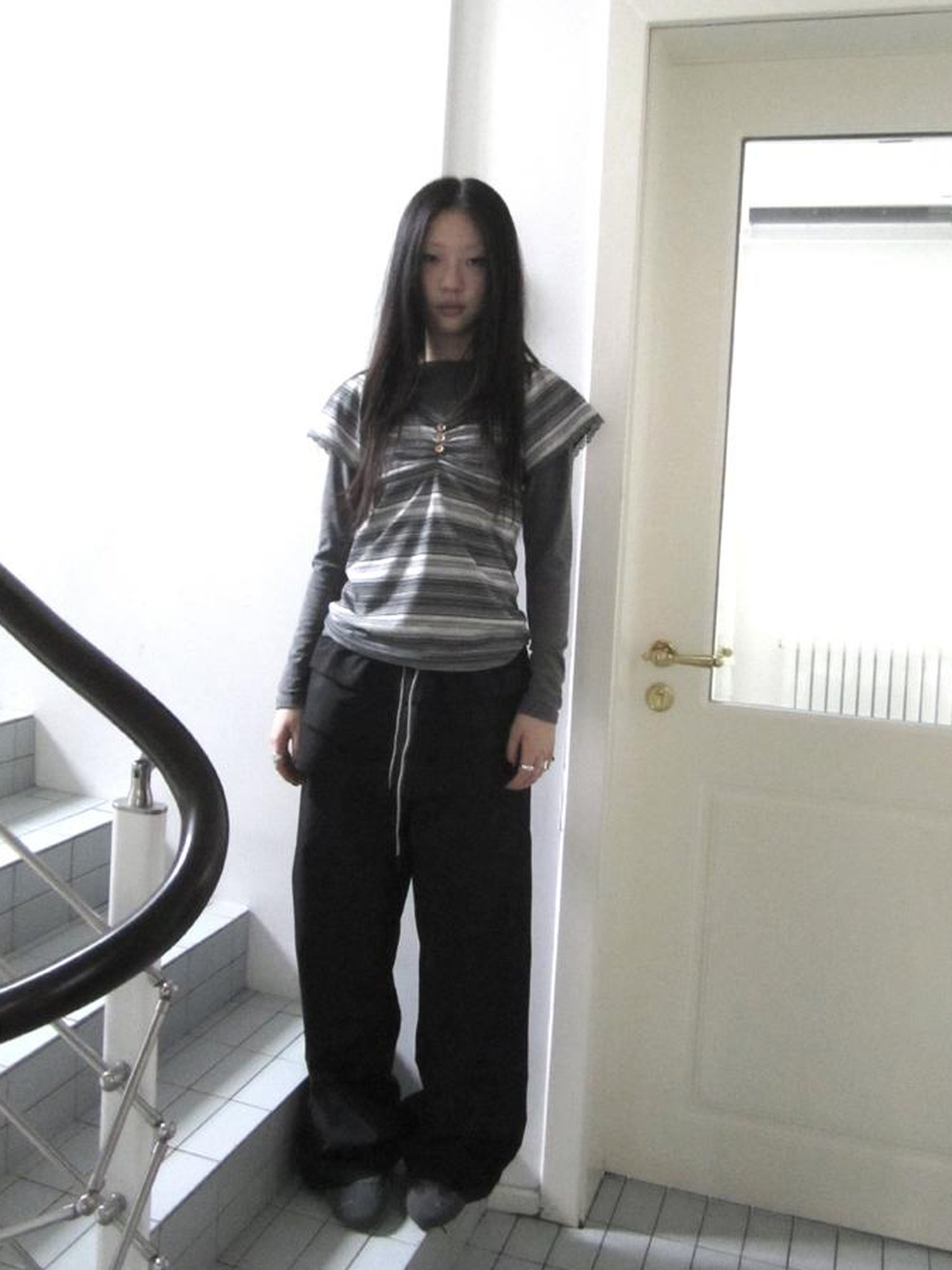 ang project Vintage Lace Trimmed V-Neck Button Detail Striped Summer Tee