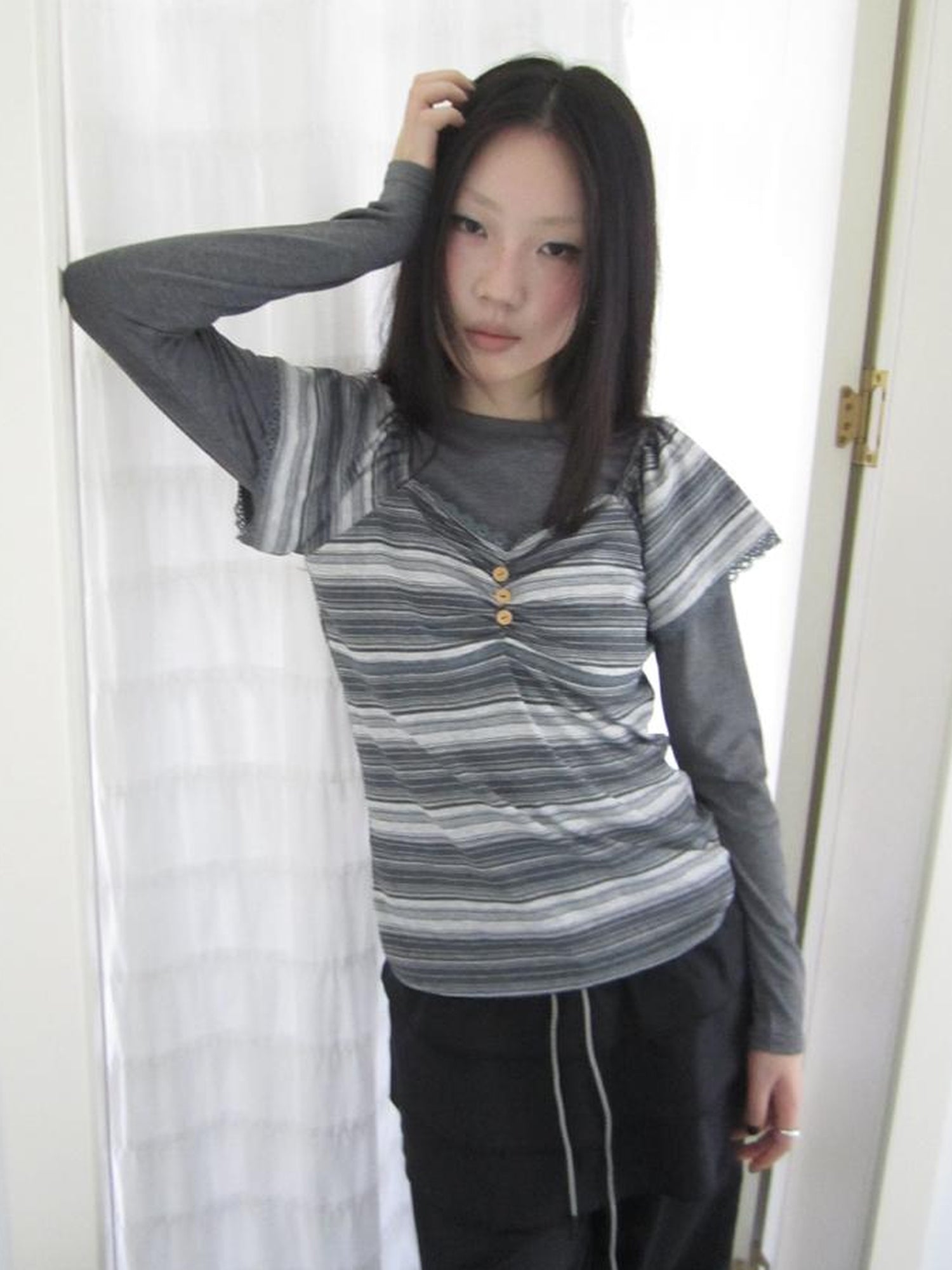 ang project Vintage Lace Trimmed V-Neck Button Detail Striped Summer Tee