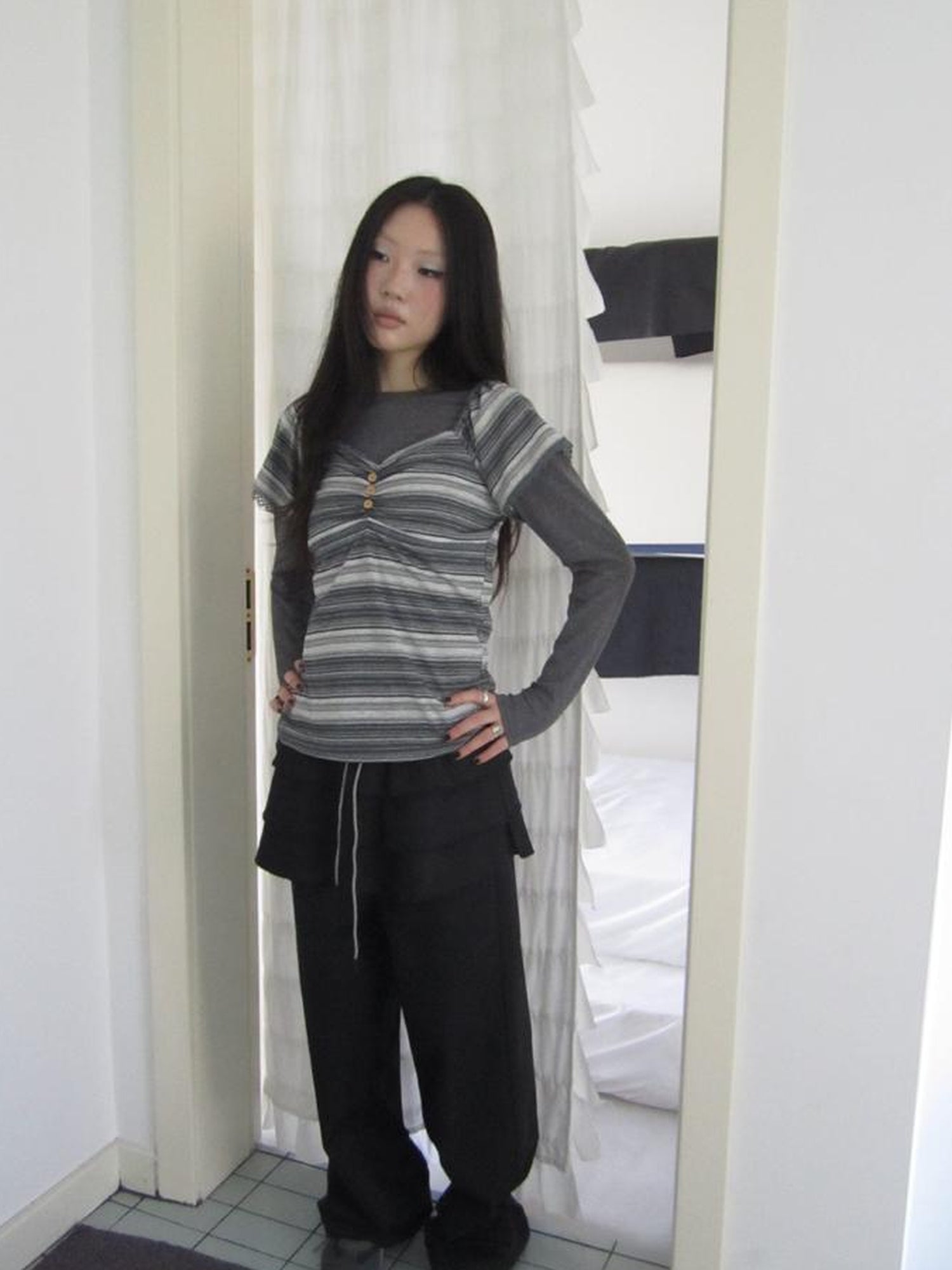 ang project Vintage Lace Trimmed V-Neck Button Detail Striped Summer Tee