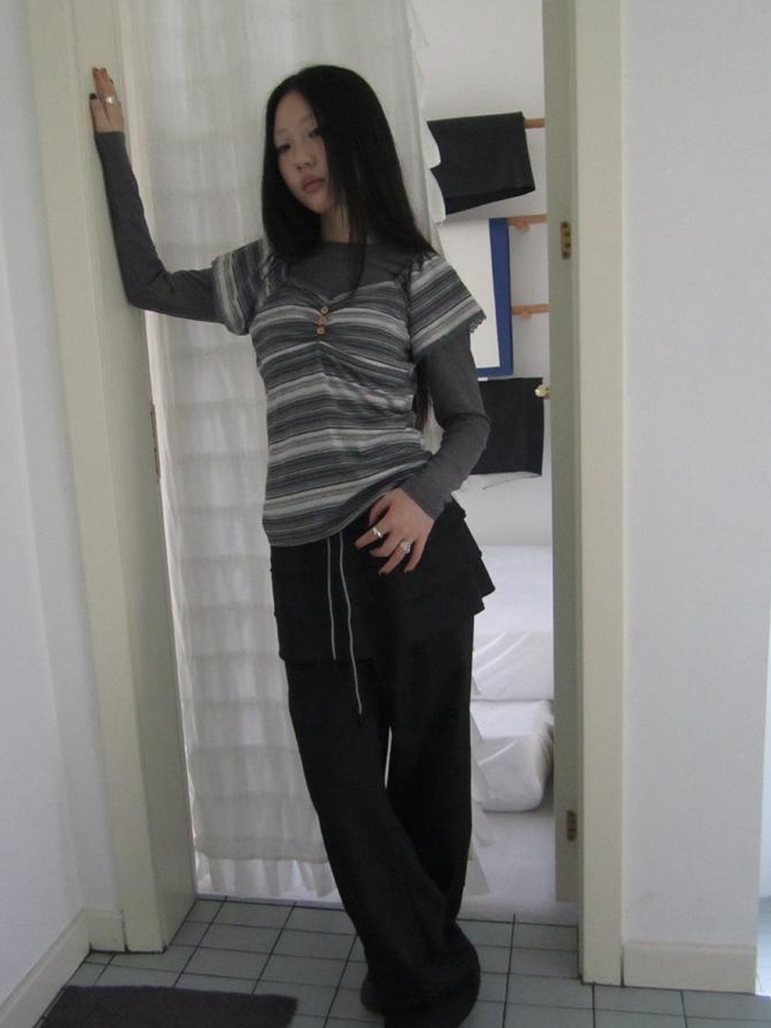 ang project Vintage Lace Trimmed V-Neck Button Detail Striped Summer Tee