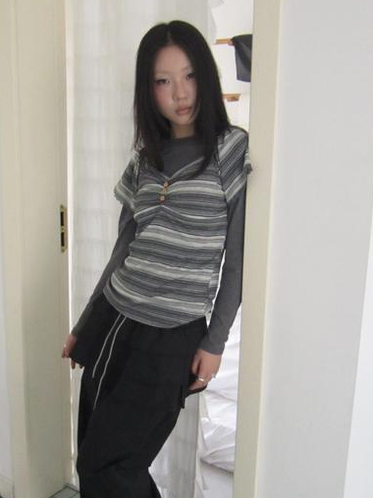 ang project Vintage Lace Trimmed V-Neck Button Detail Striped Summer Tee