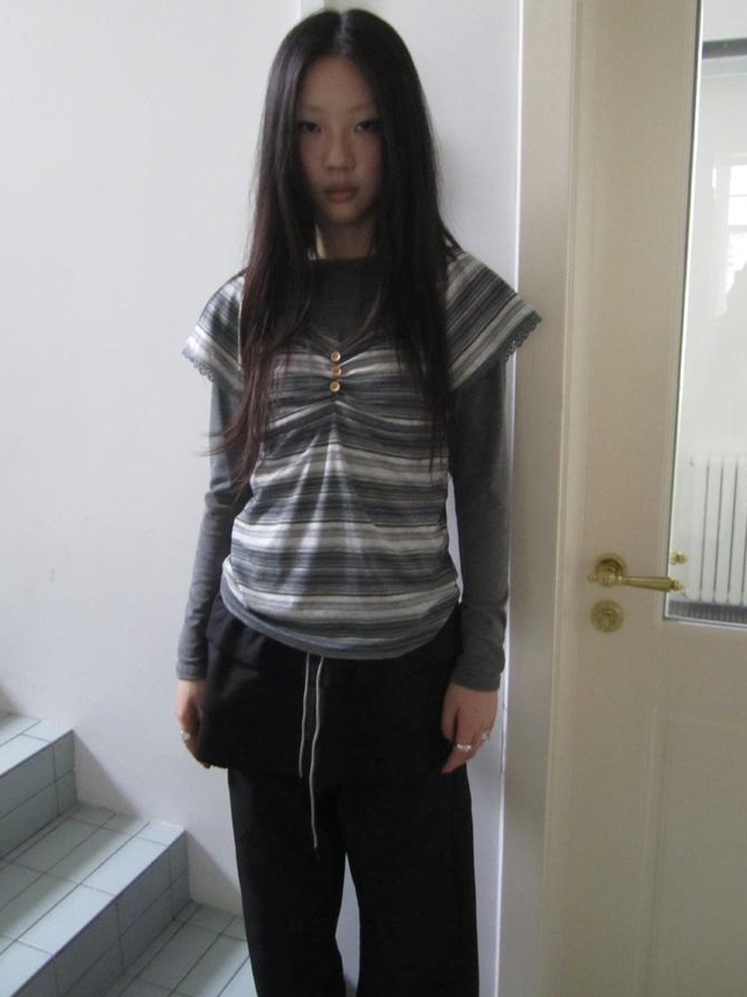 ang project Vintage Lace Trimmed V-Neck Button Detail Striped Summer Tee