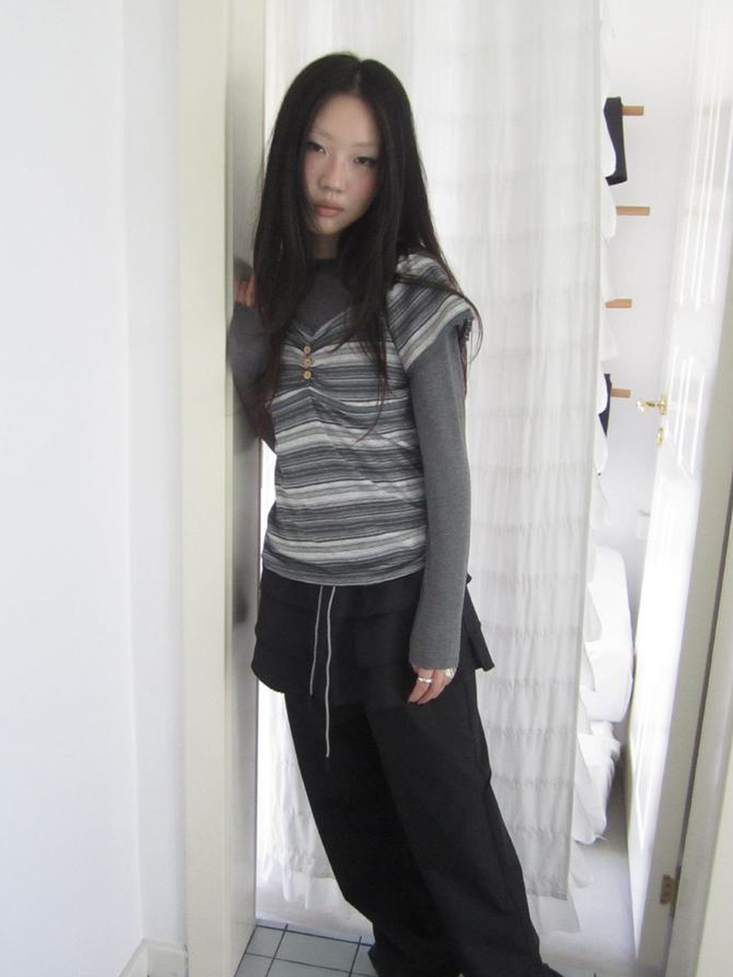 ang project Vintage Lace Trimmed V-Neck Button Detail Striped Summer Tee