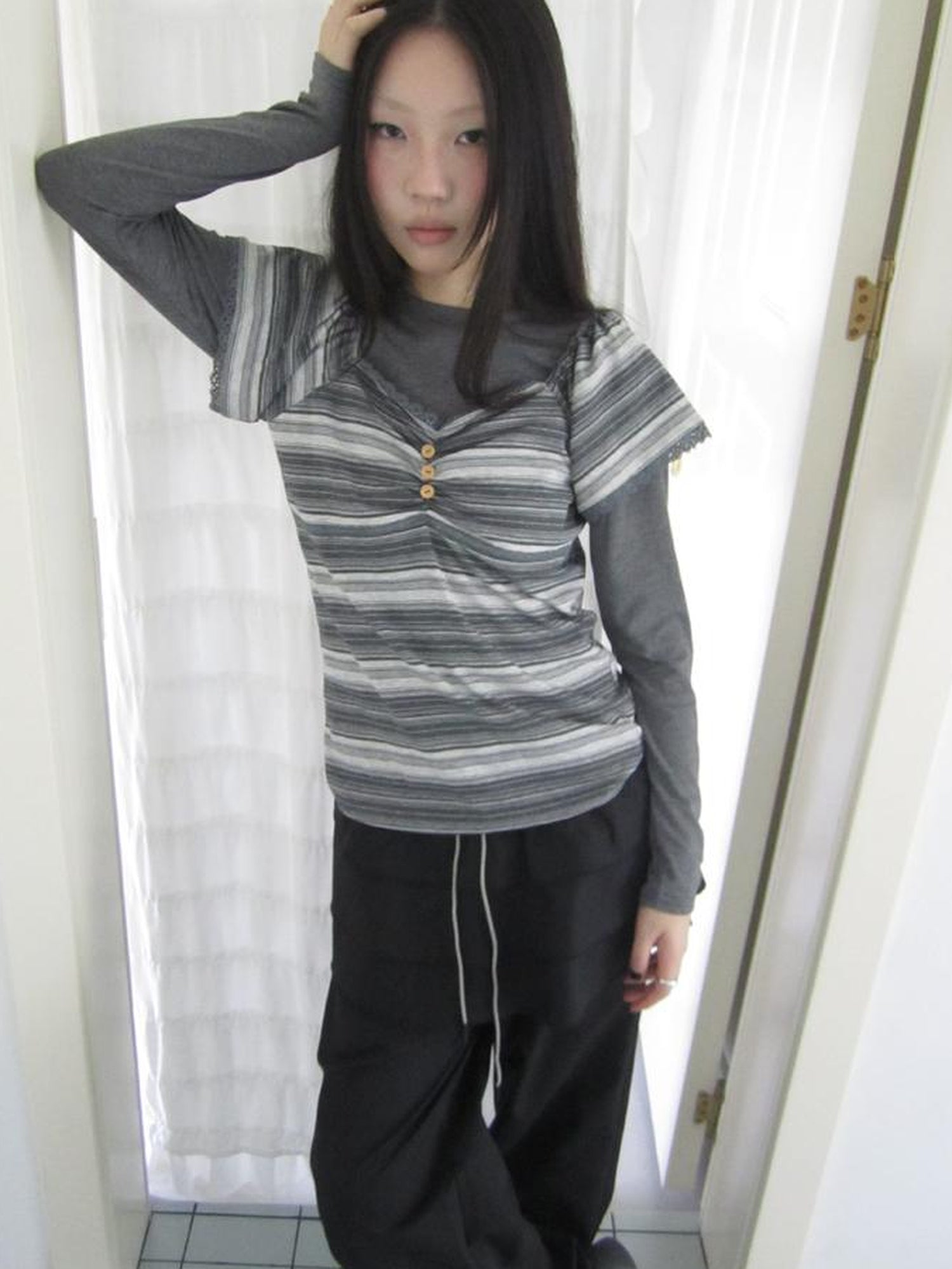 ang project Vintage Lace Trimmed V-Neck Button Detail Striped Summer Tee