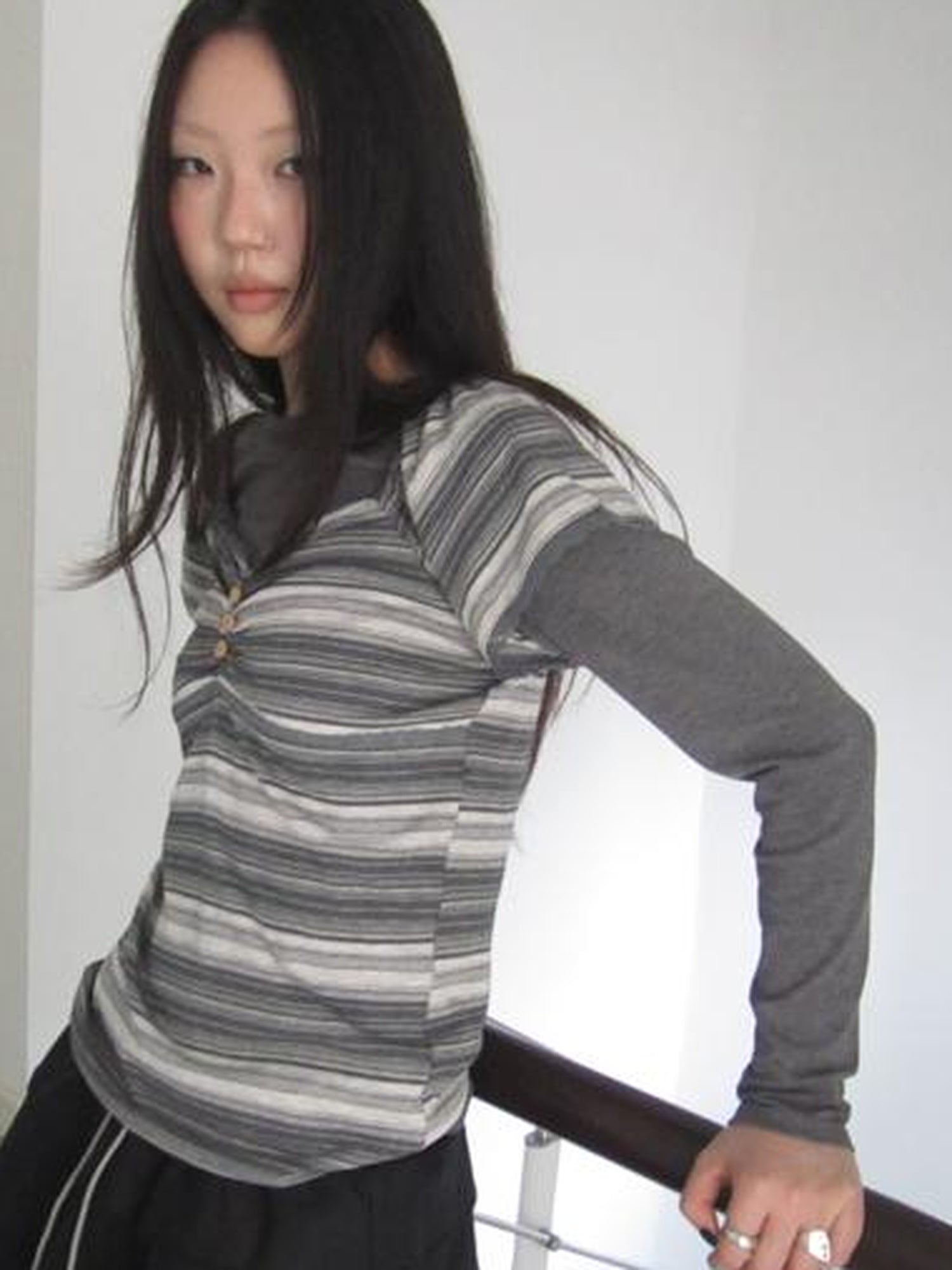 ang project Vintage Lace Trimmed V-Neck Button Detail Striped Summer Tee