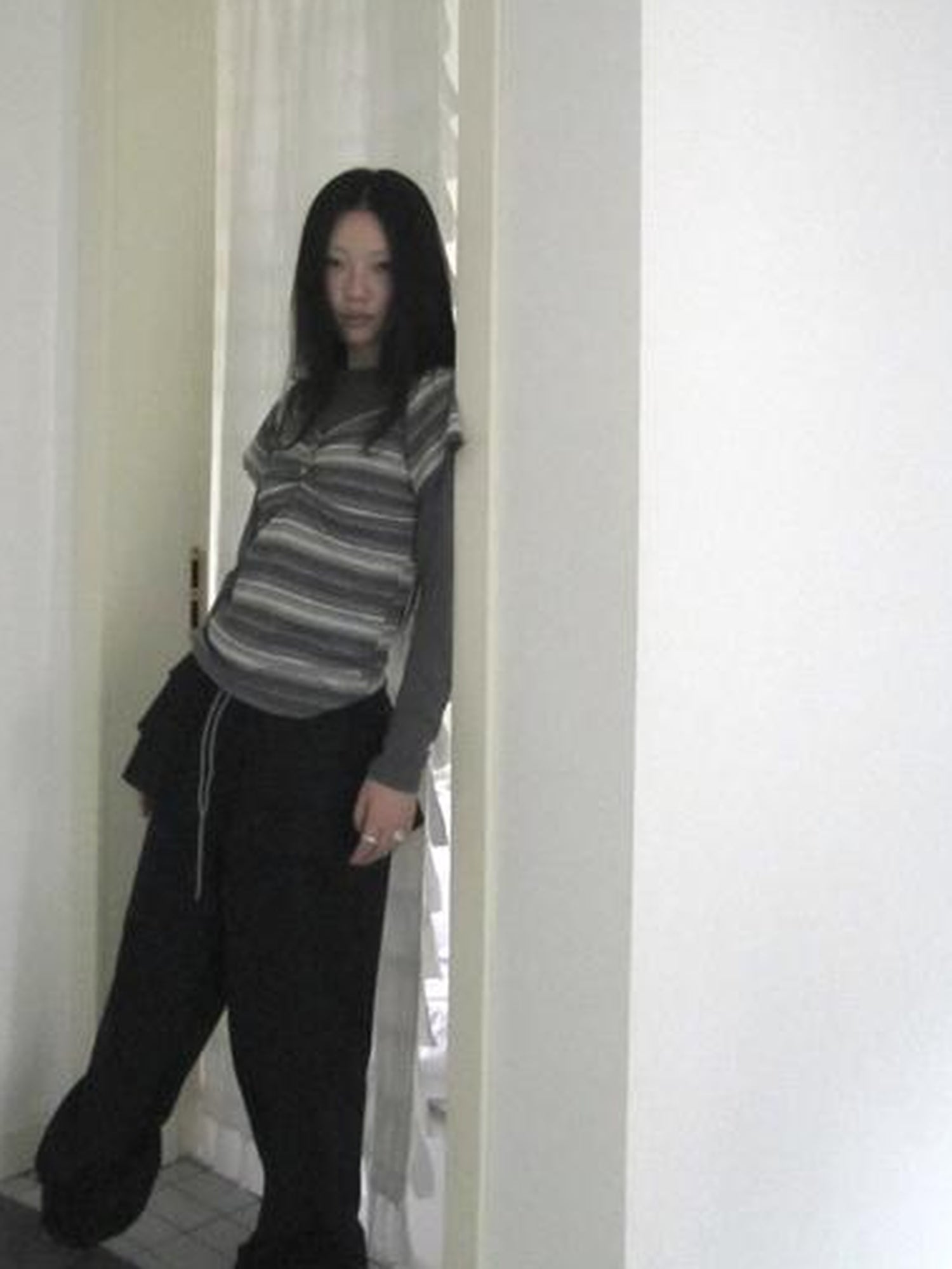 ang project Vintage Lace Trimmed V-Neck Button Detail Striped Summer Tee