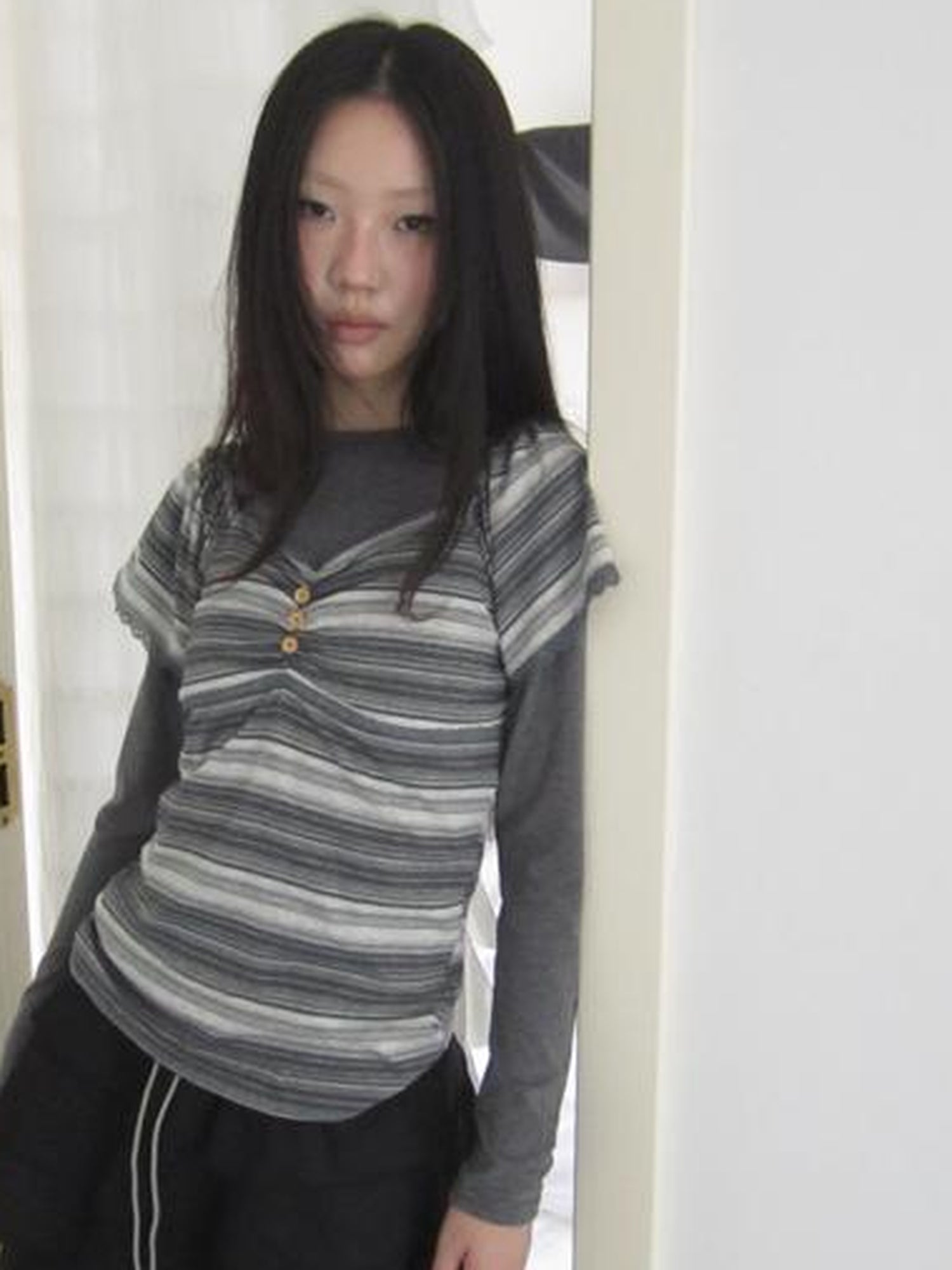 ang project Vintage Lace Trimmed V-Neck Button Detail Striped Summer Tee