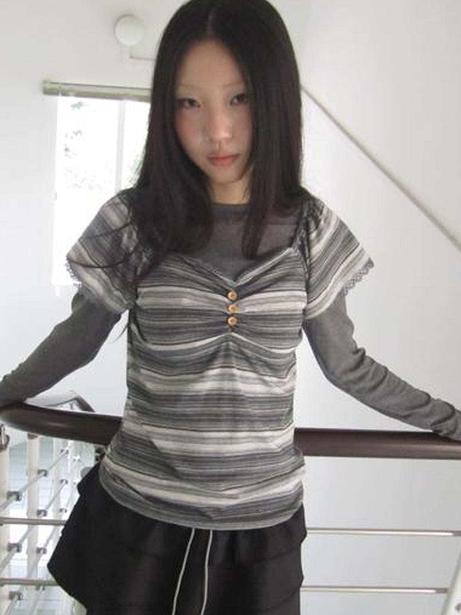Updateang project Vintage Lace Trimmed V-Neck Button Detail Striped Summer Tee