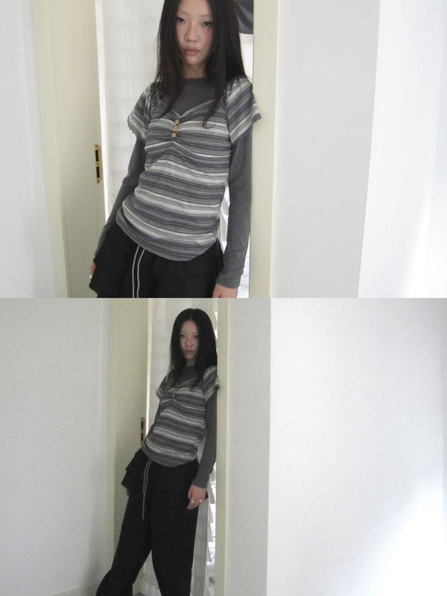 ang project Vintage Lace Trimmed V-Neck Button Detail Striped Summer Tee