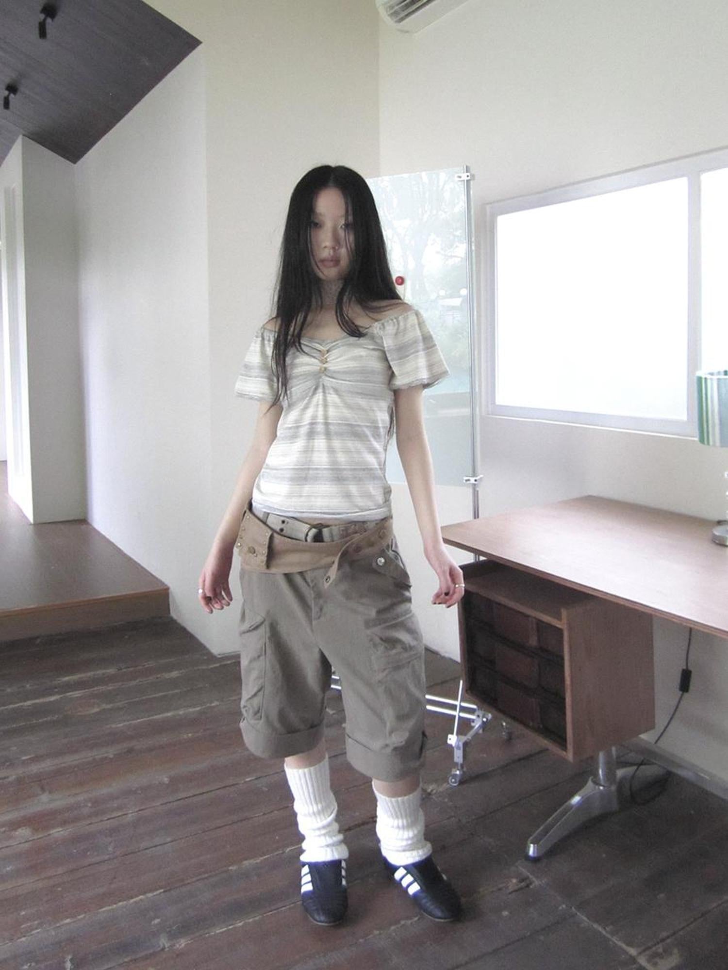 ang project Vintage Lace Trimmed V-Neck Button Detail Striped Summer Tee