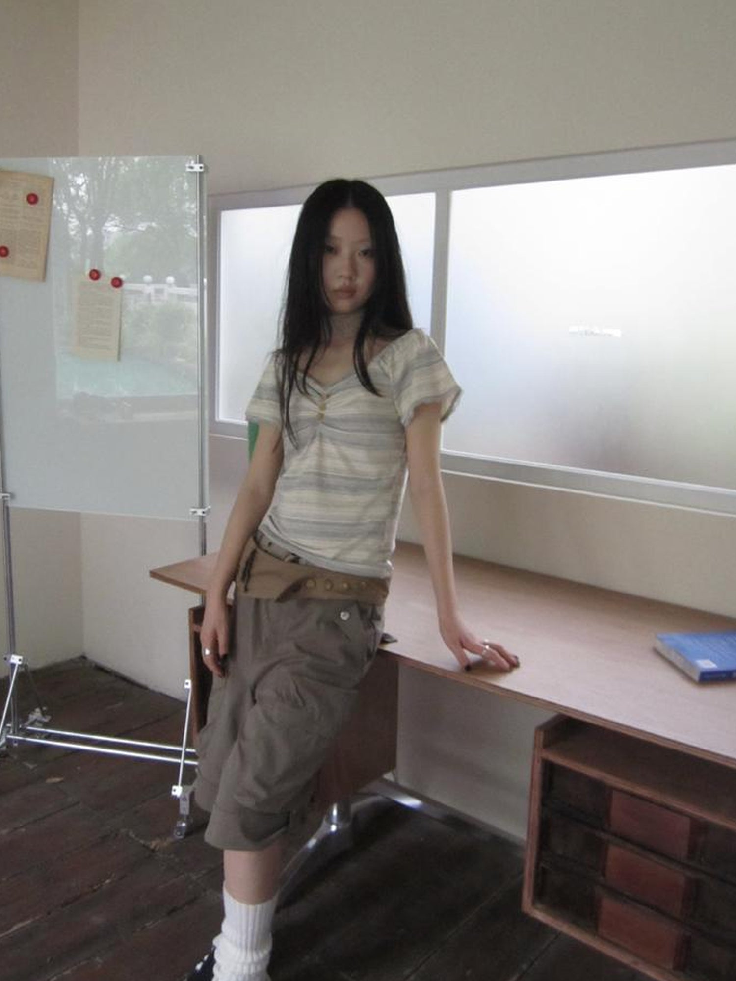 ang project Vintage Lace Trimmed V-Neck Button Detail Striped Summer Tee