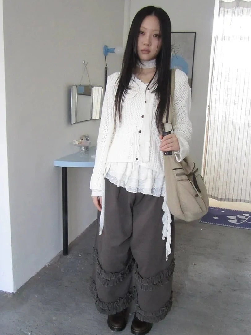 ang project Vintage Lace Up Waist V-neck Knit Top Cardigan