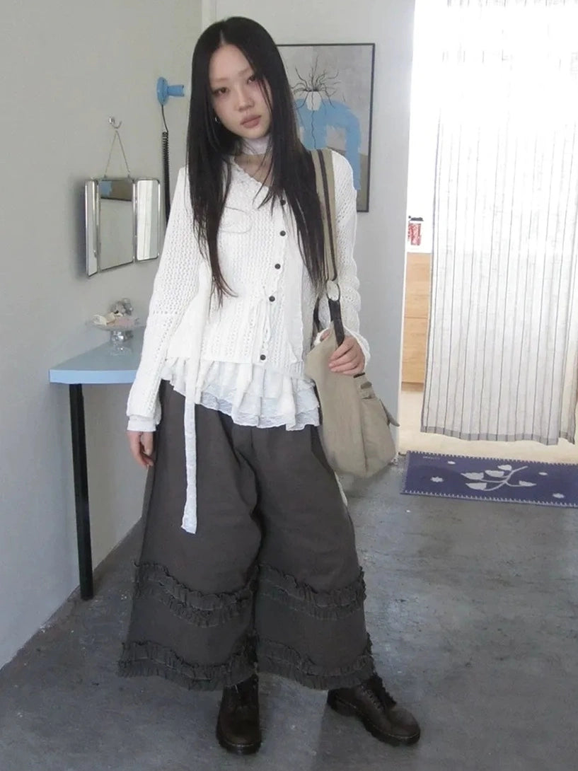 ang project Vintage Lace Up Waist V-neck Knit Top Cardigan