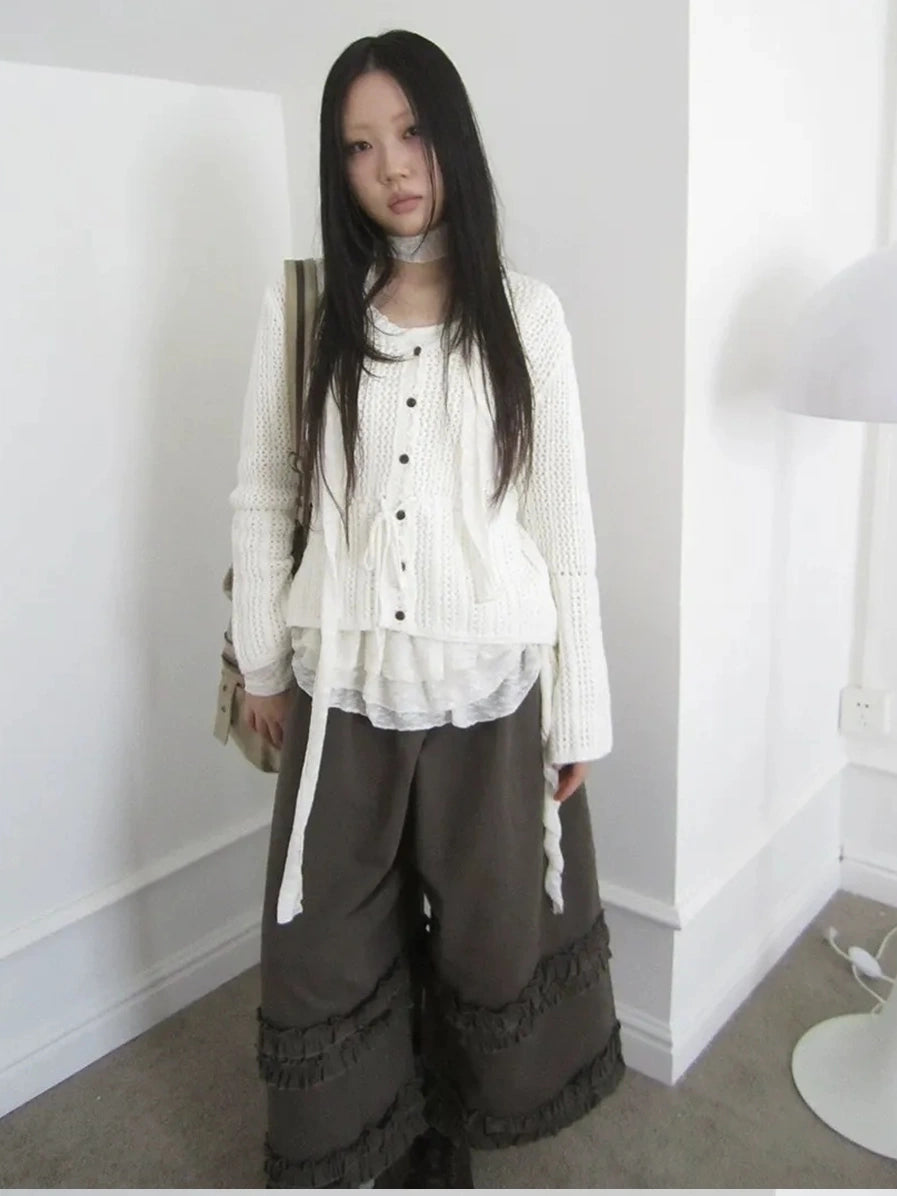 ang project Vintage Lace Up Waist V-neck Knit Top Cardigan