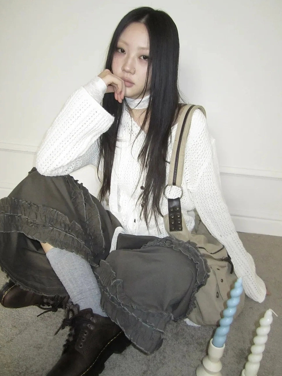 ang project Vintage Lace Up Waist V-neck Knit Top Cardigan