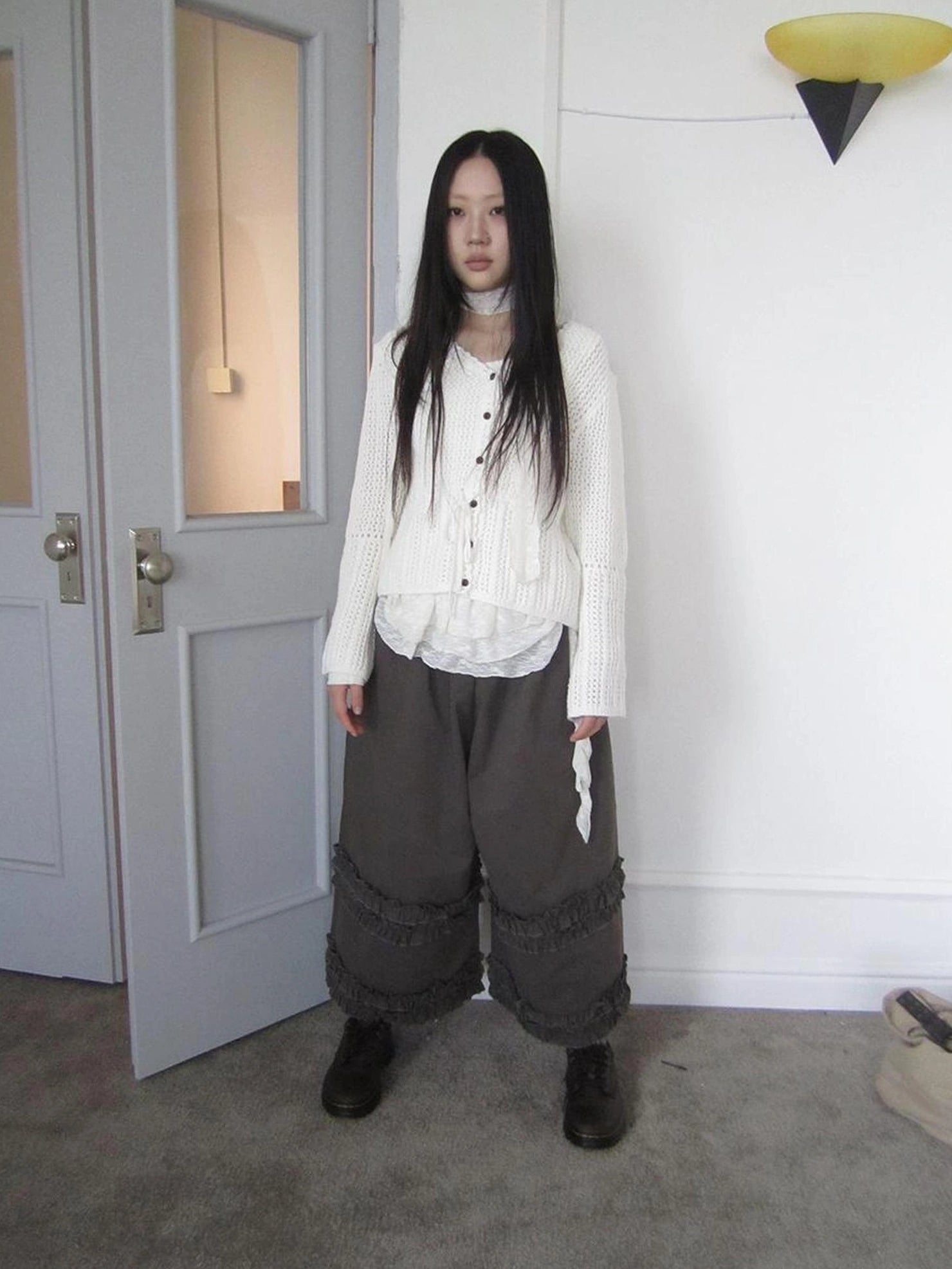 ang project Vintage Lace Up Waist V-neck Knit Top Cardigan