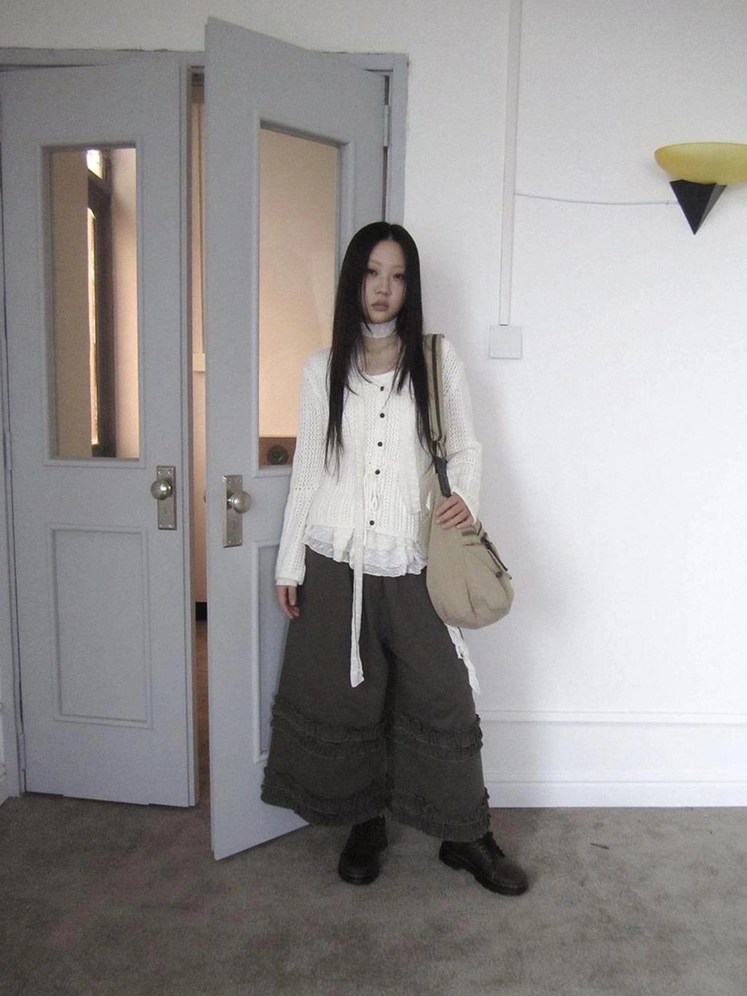 ang project Vintage Lace Up Waist V-neck Knit Top Cardigan