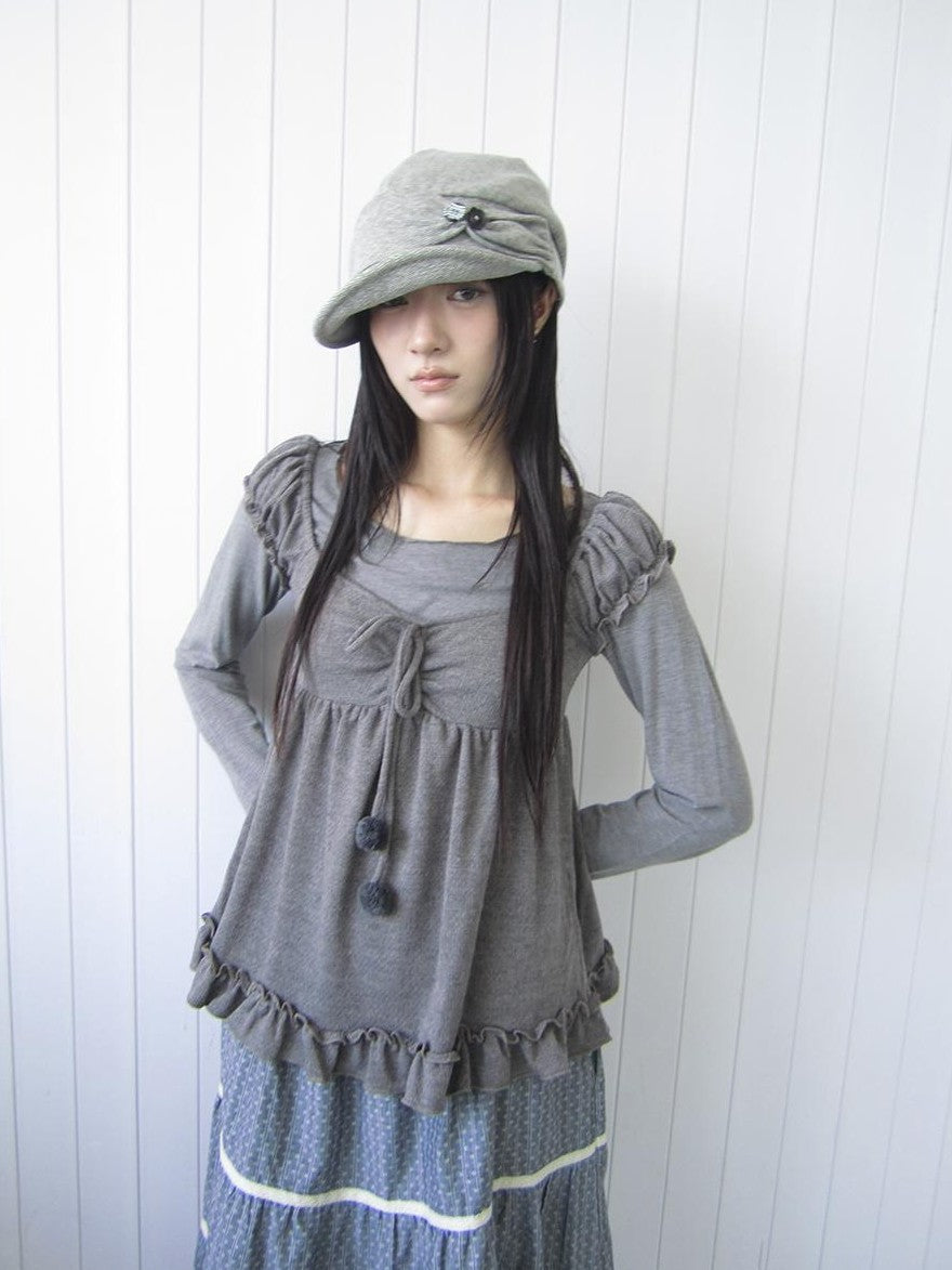 ang project Vintage Layered Ruffle Bubble Sleeve Women&