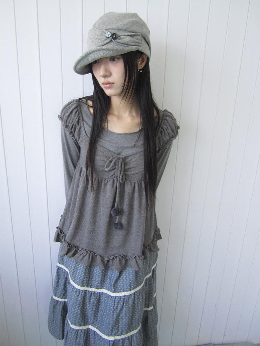 ang project Vintage Layered Ruffle Bubble Sleeve Women&
