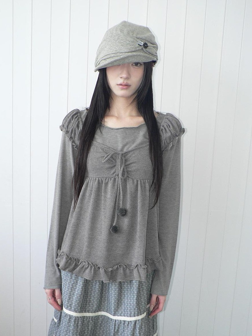 ang project Vintage Layered Ruffle Bubble Sleeve Women&