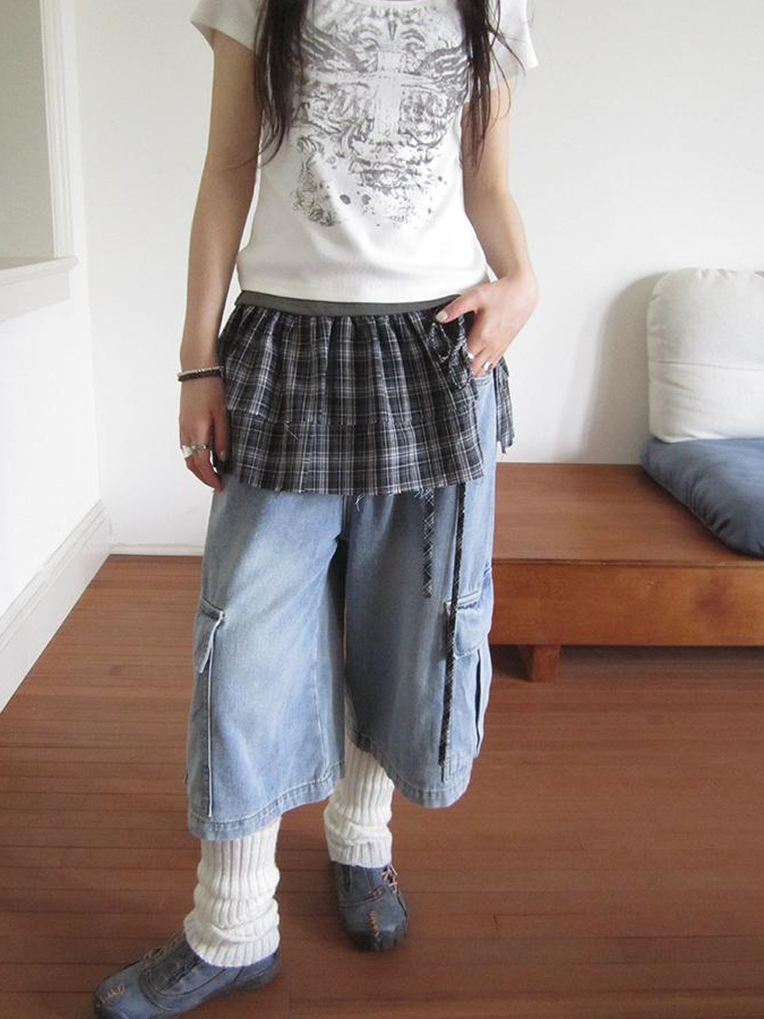 ang project Vintage Layered Tear Edge Checkered Wrap Skirt