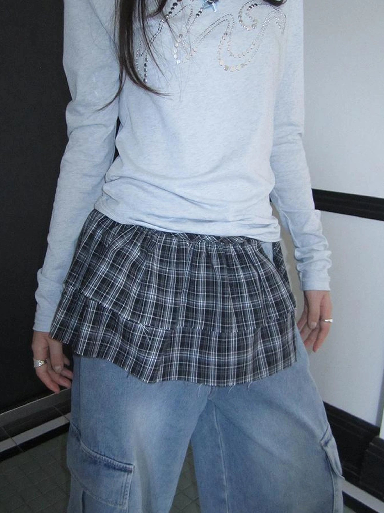 Vintage Layered Tear Edge Checkered Wrap Skirt