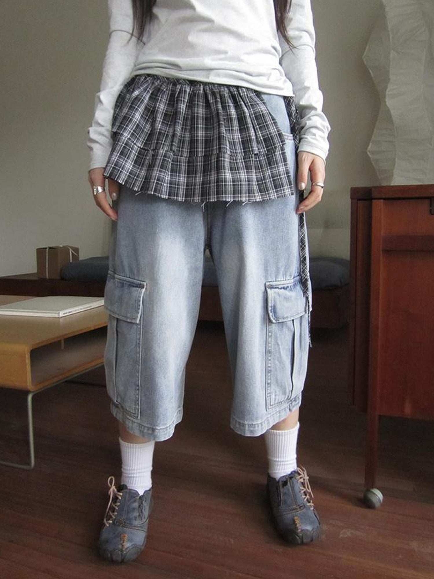 ang project Vintage Layered Tear Edge Checkered Wrap Skirt