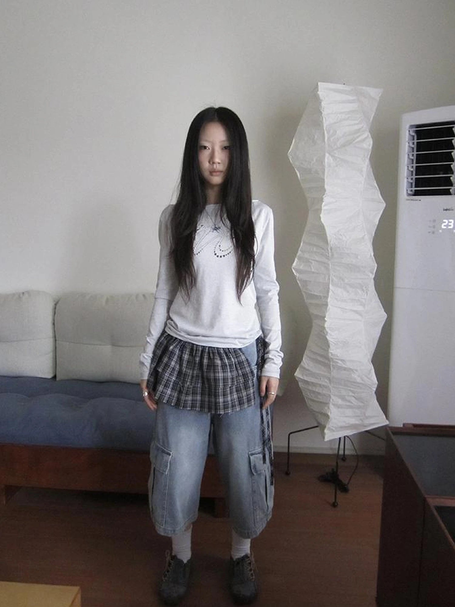 Vintage Layered Tear Edge Checkered Wrap Skirt