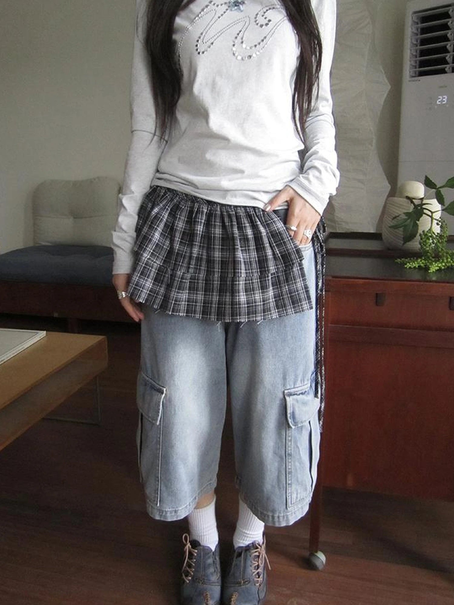 Vintage Layered Tear Edge Checkered Wrap Skirt