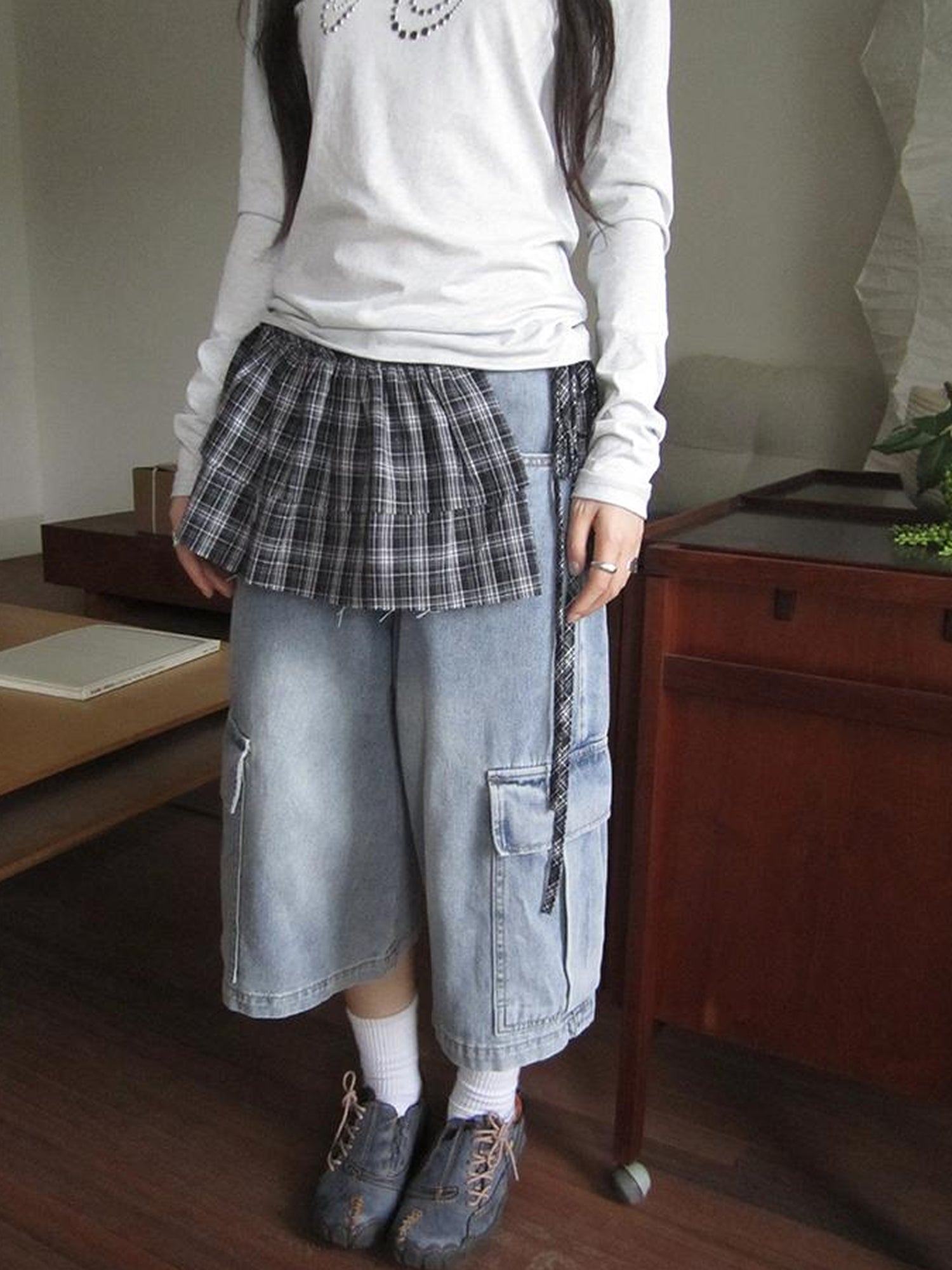 ang project Vintage Layered Tear Edge Checkered Wrap Skirt