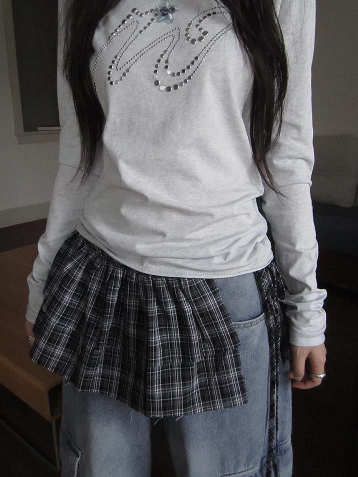 ang project Vintage Layered Tear Edge Checkered Wrap Skirt