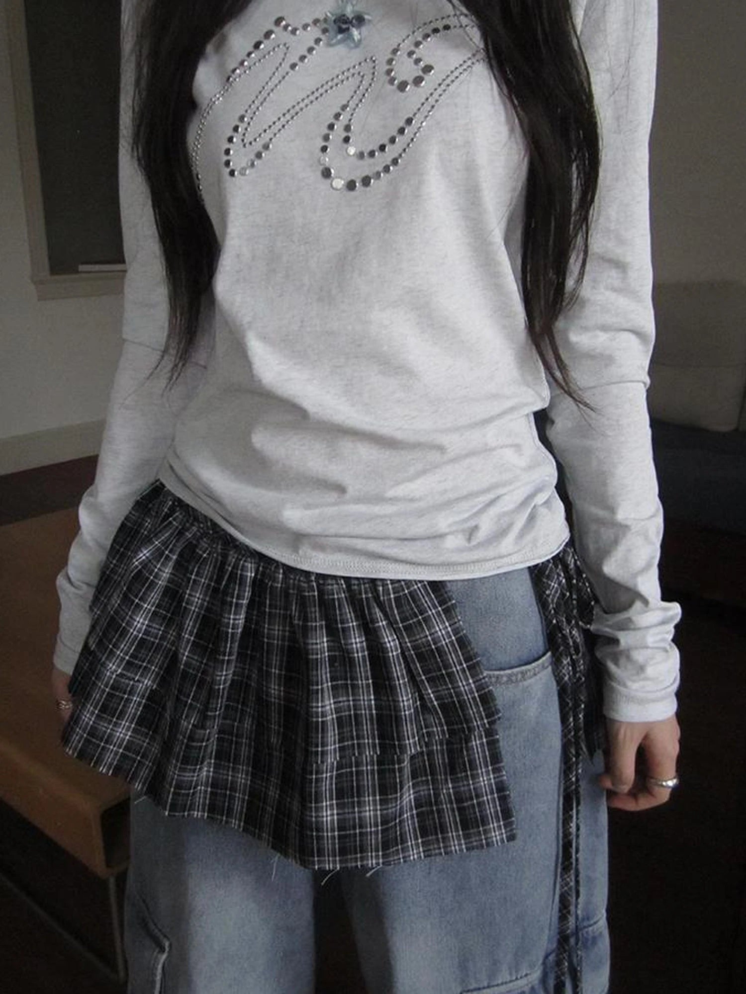 Vintage Layered Tear Edge Checkered Wrap Skirt