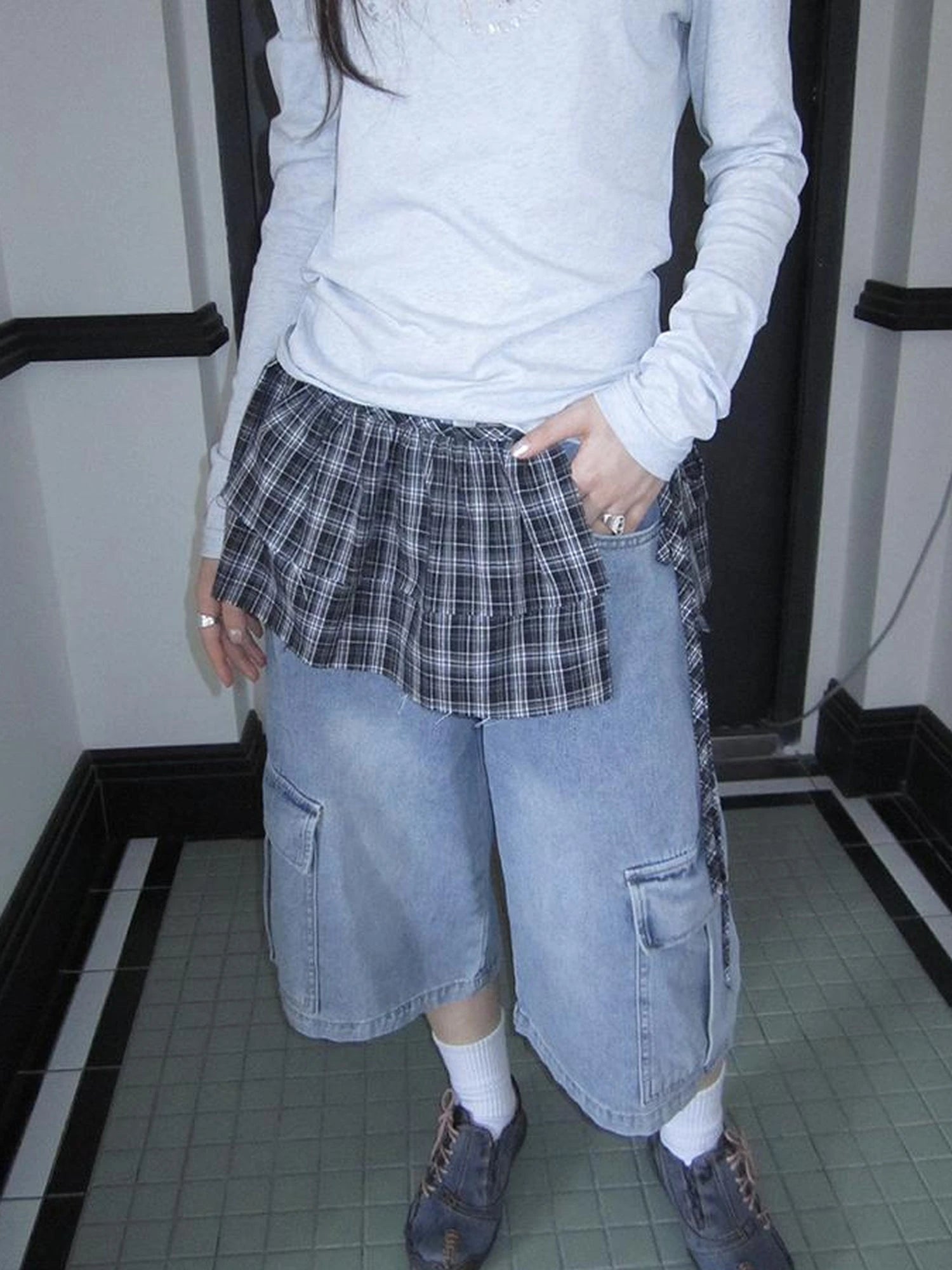 Vintage Layered Tear Edge Checkered Wrap Skirt