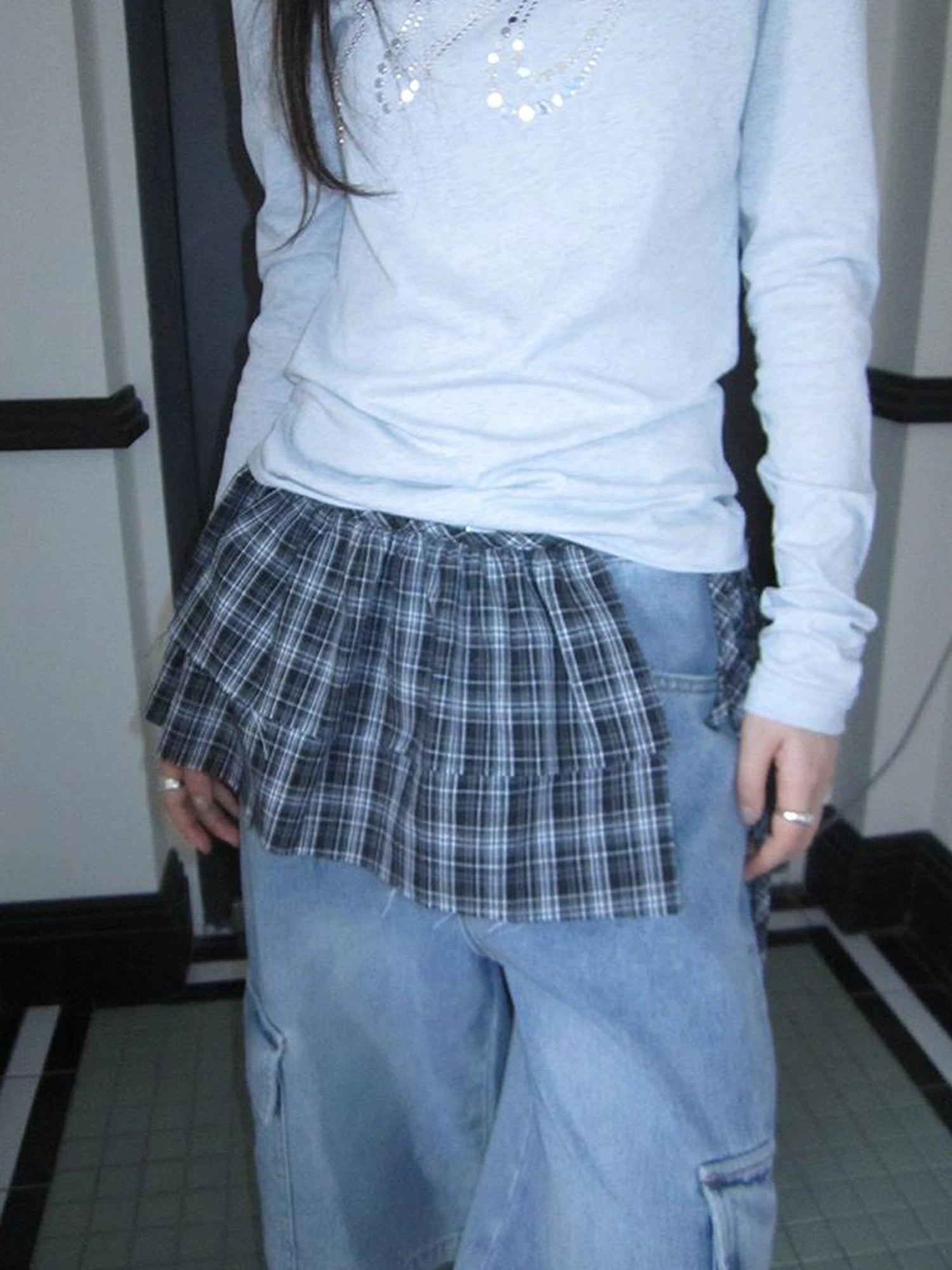 Vintage Layered Tear Edge Checkered Wrap Skirt