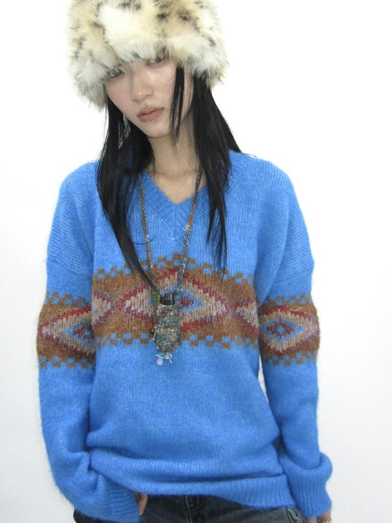 ang project Vintage Lazy Style V-Neck Cable Knit Sweater
