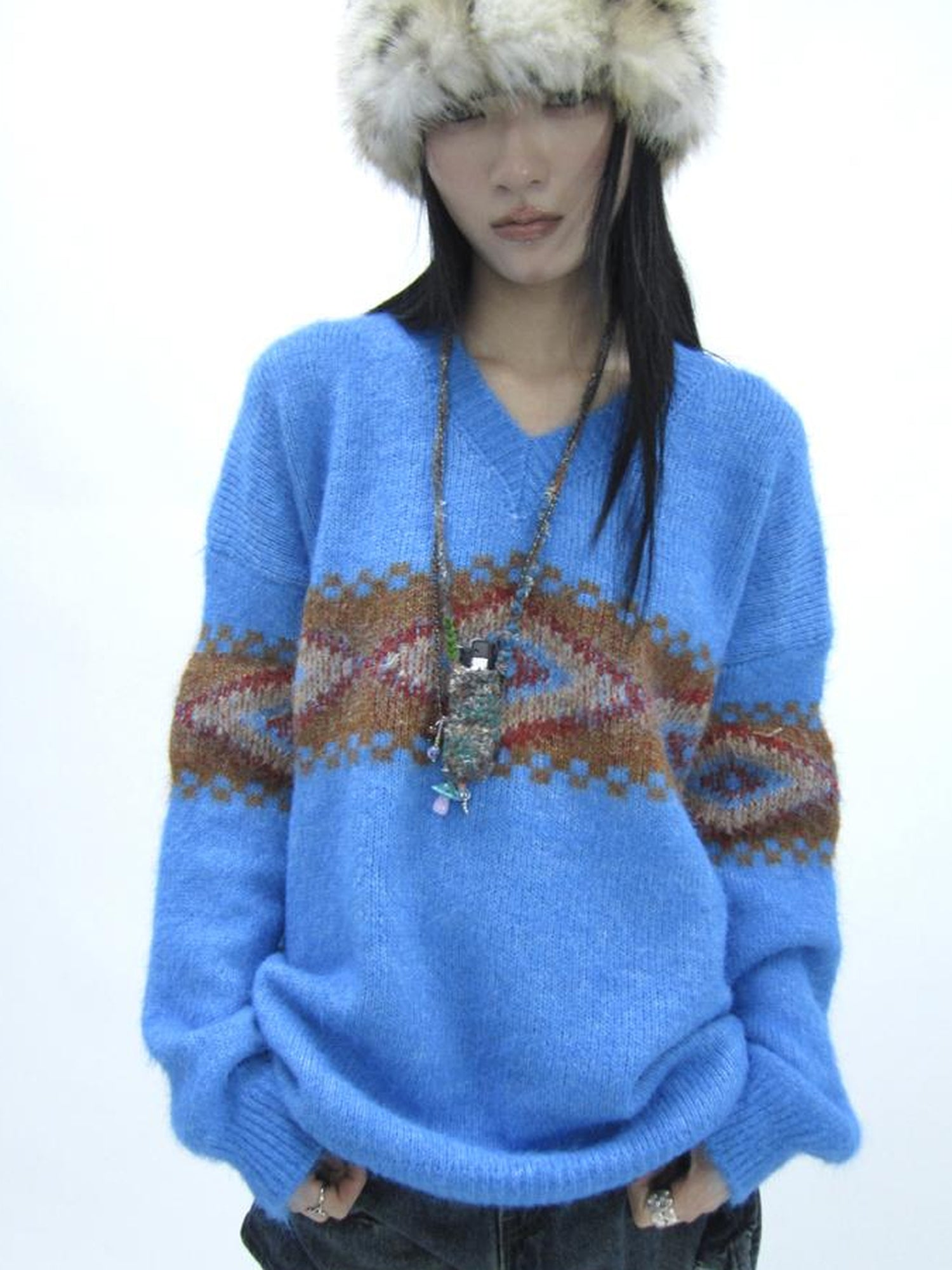 ang project Vintage Lazy Style V-Neck Cable Knit Sweater