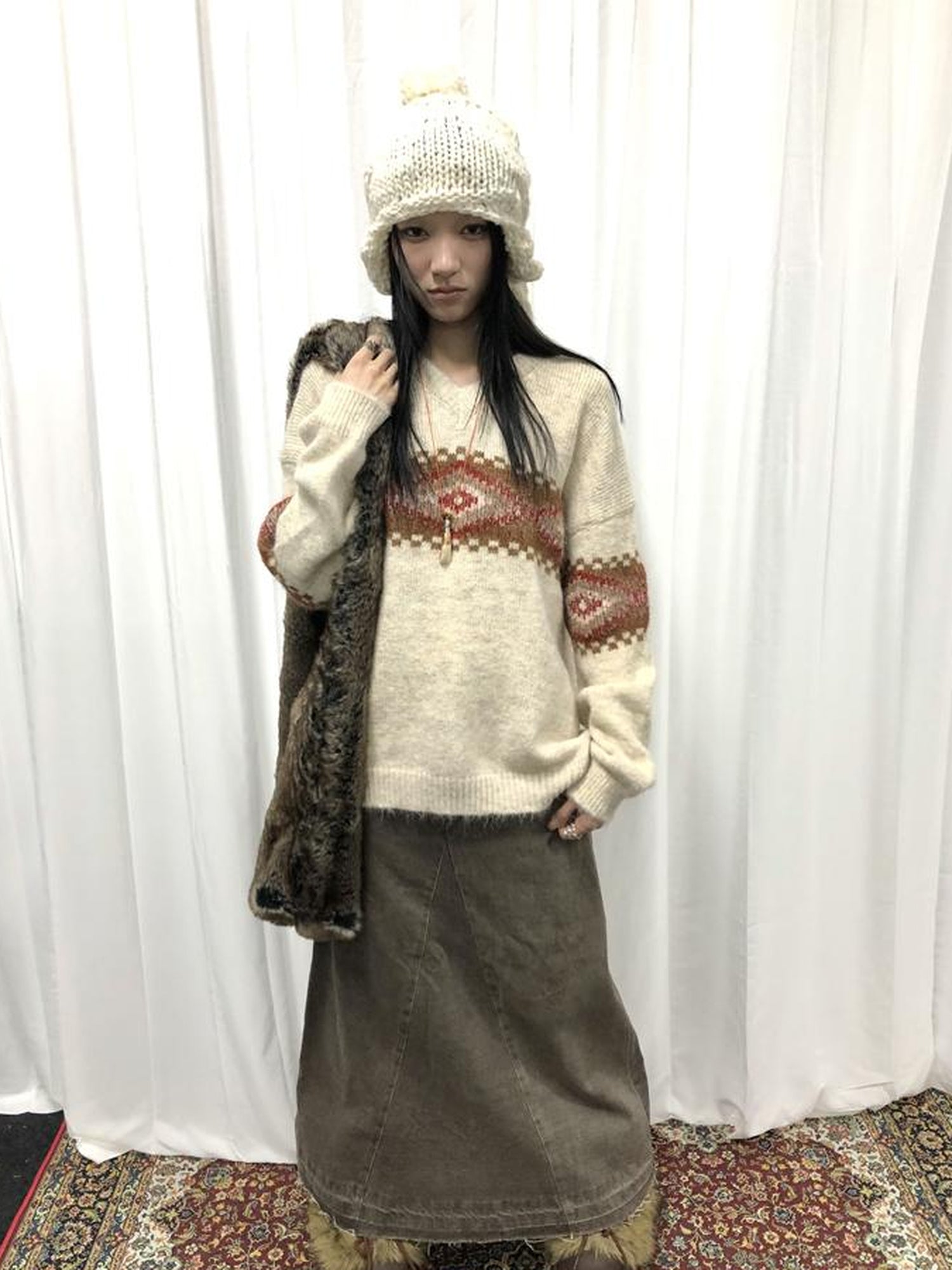 Vintage Lazy Style V-Neck Cable Knit Sweater