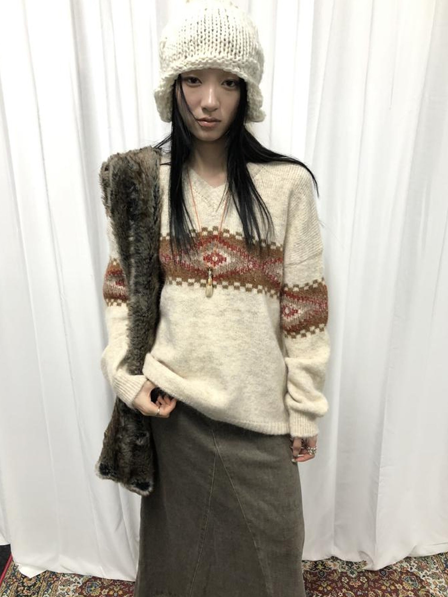 Vintage Lazy Style V-Neck Cable Knit Sweater