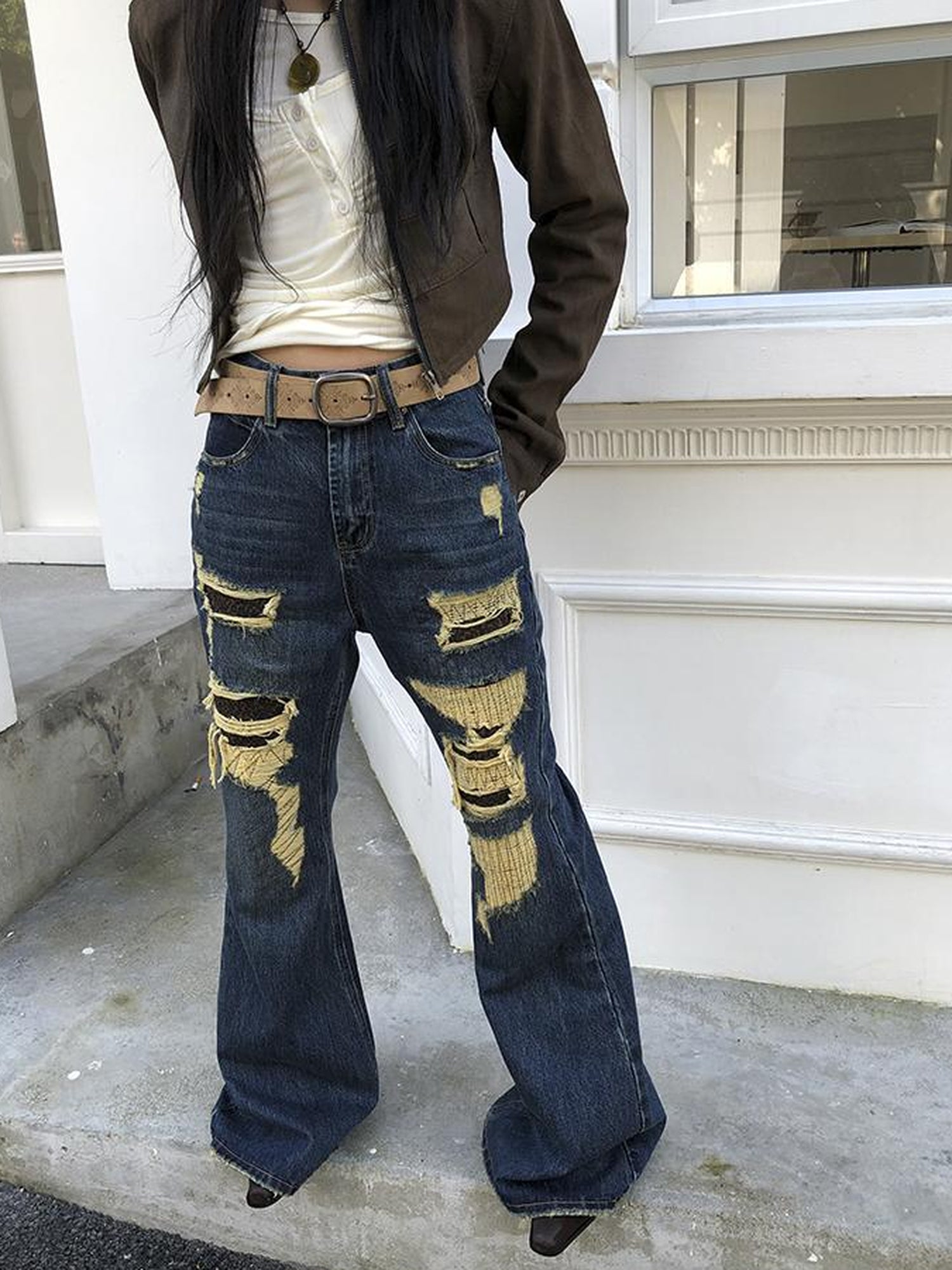 ang project Vintage Light Wash Frayed Hem Patchwork Leopard Ripped Flared Jeans