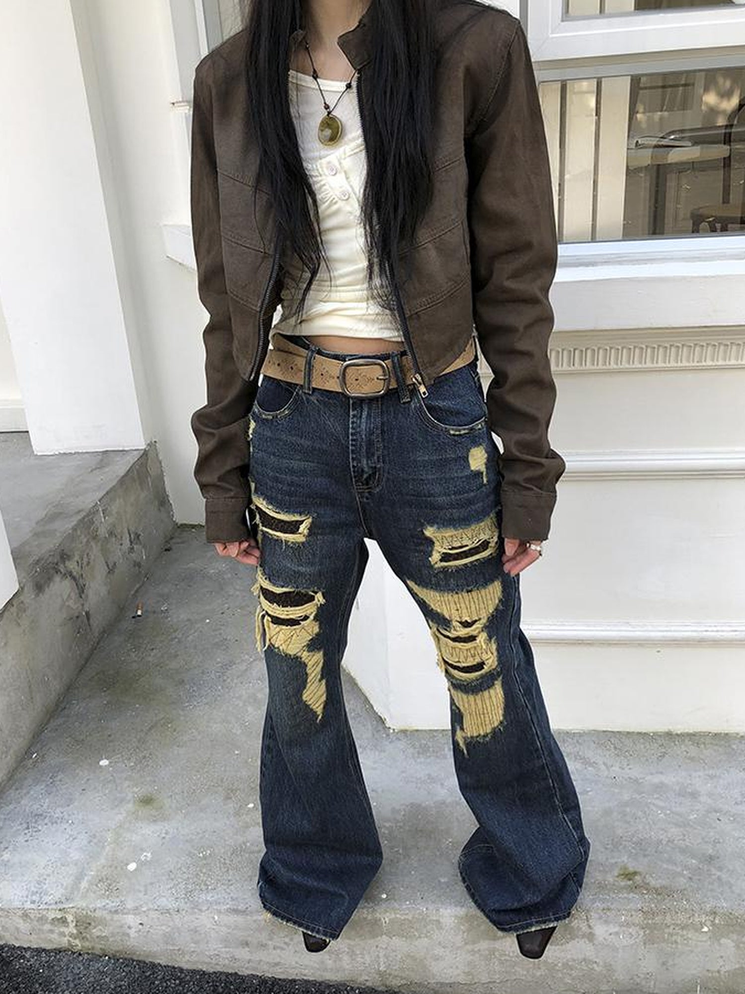 ang project Vintage Light Wash Frayed Hem Patchwork Leopard Ripped Flared Jeans