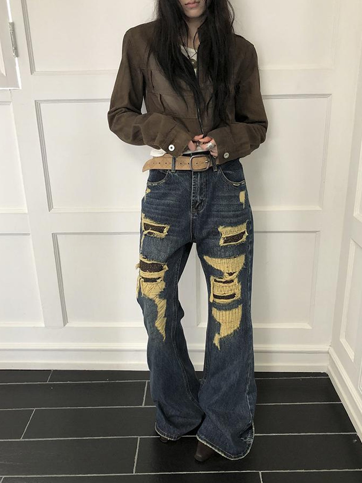 ang project Vintage Light Wash Frayed Hem Patchwork Leopard Ripped Flared Jeans