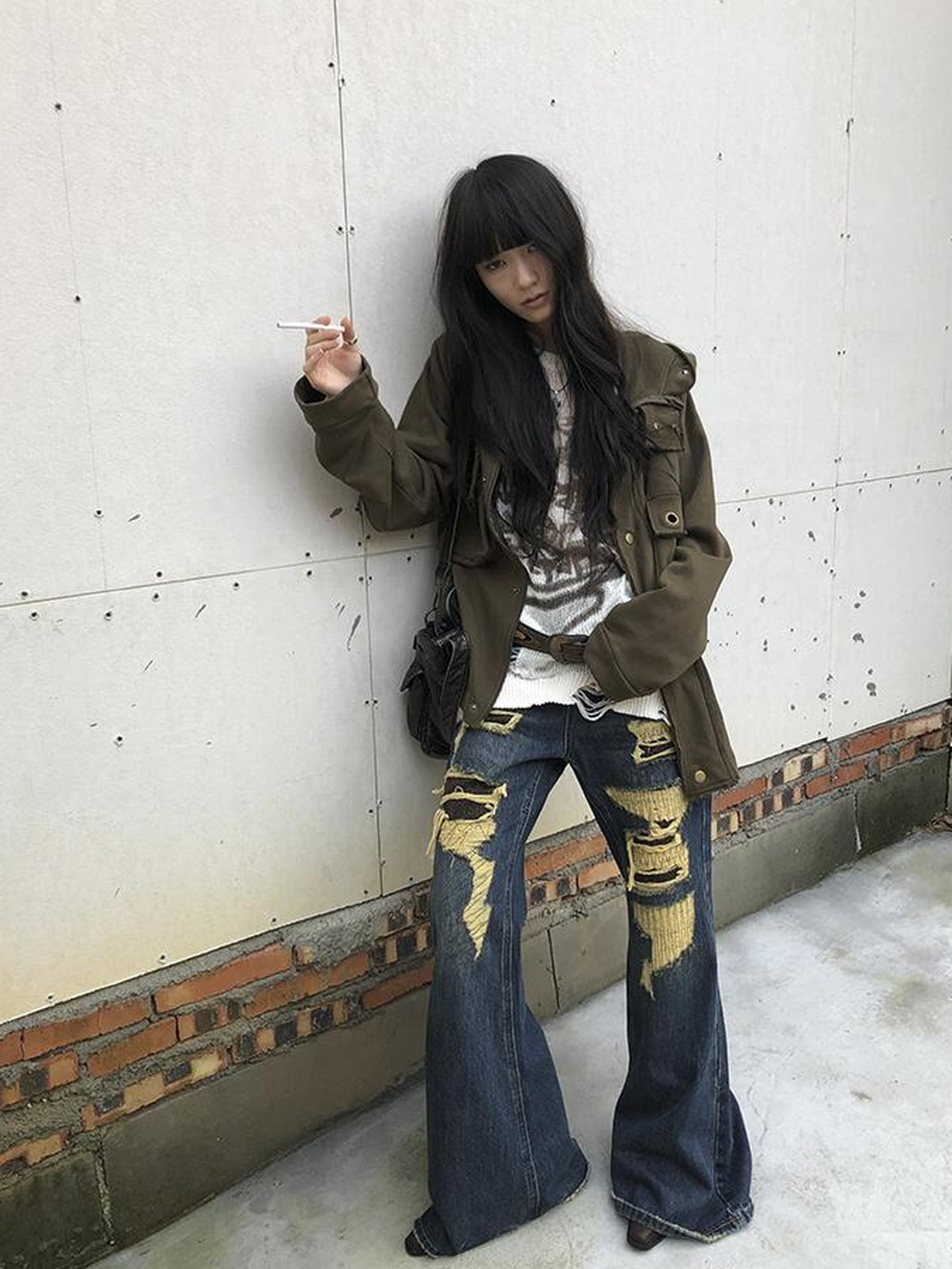 ang project Vintage Light Wash Frayed Hem Patchwork Leopard Ripped Flared Jeans