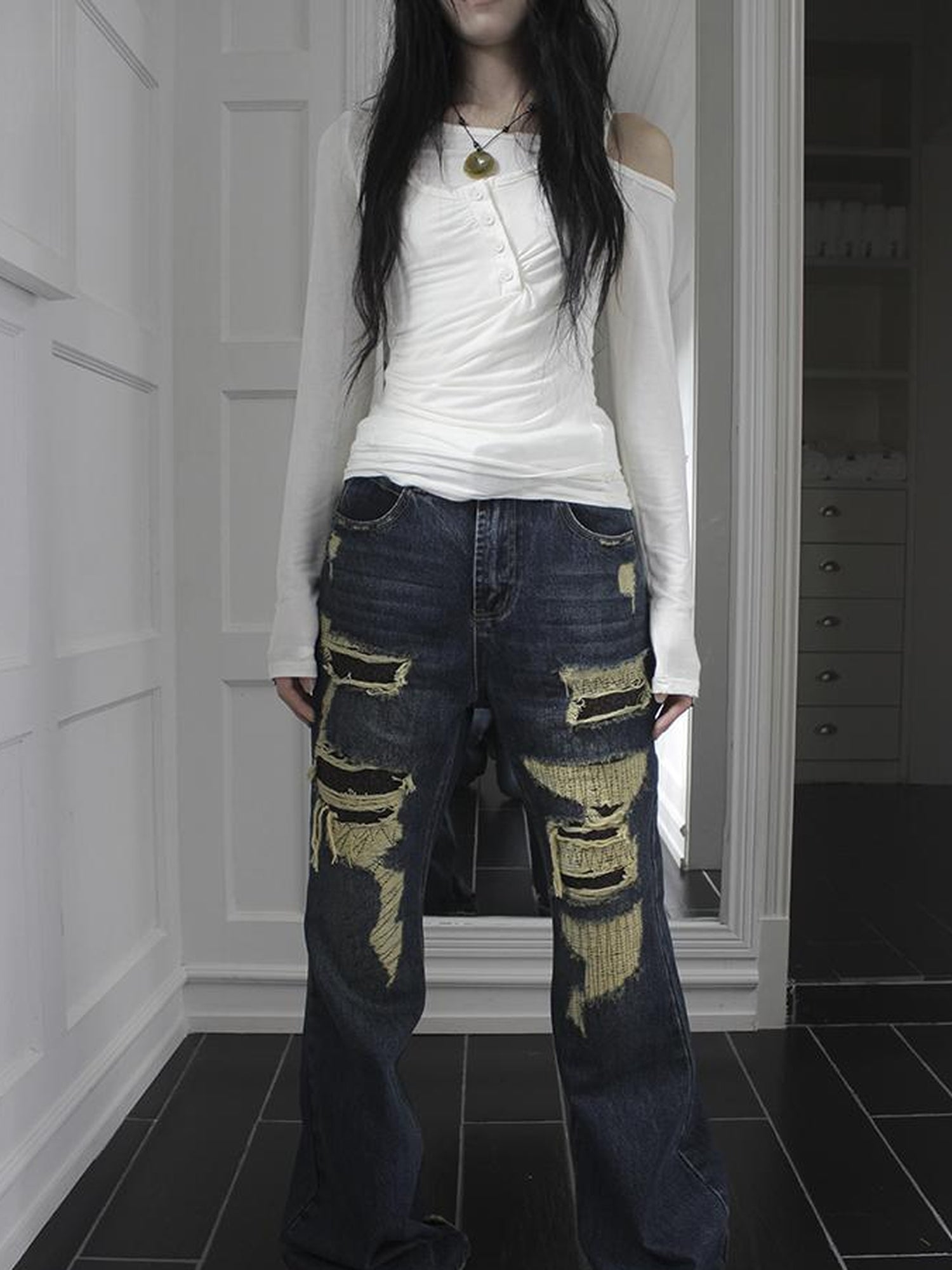 ang project Vintage Light Wash Frayed Hem Patchwork Leopard Ripped Flared Jeans