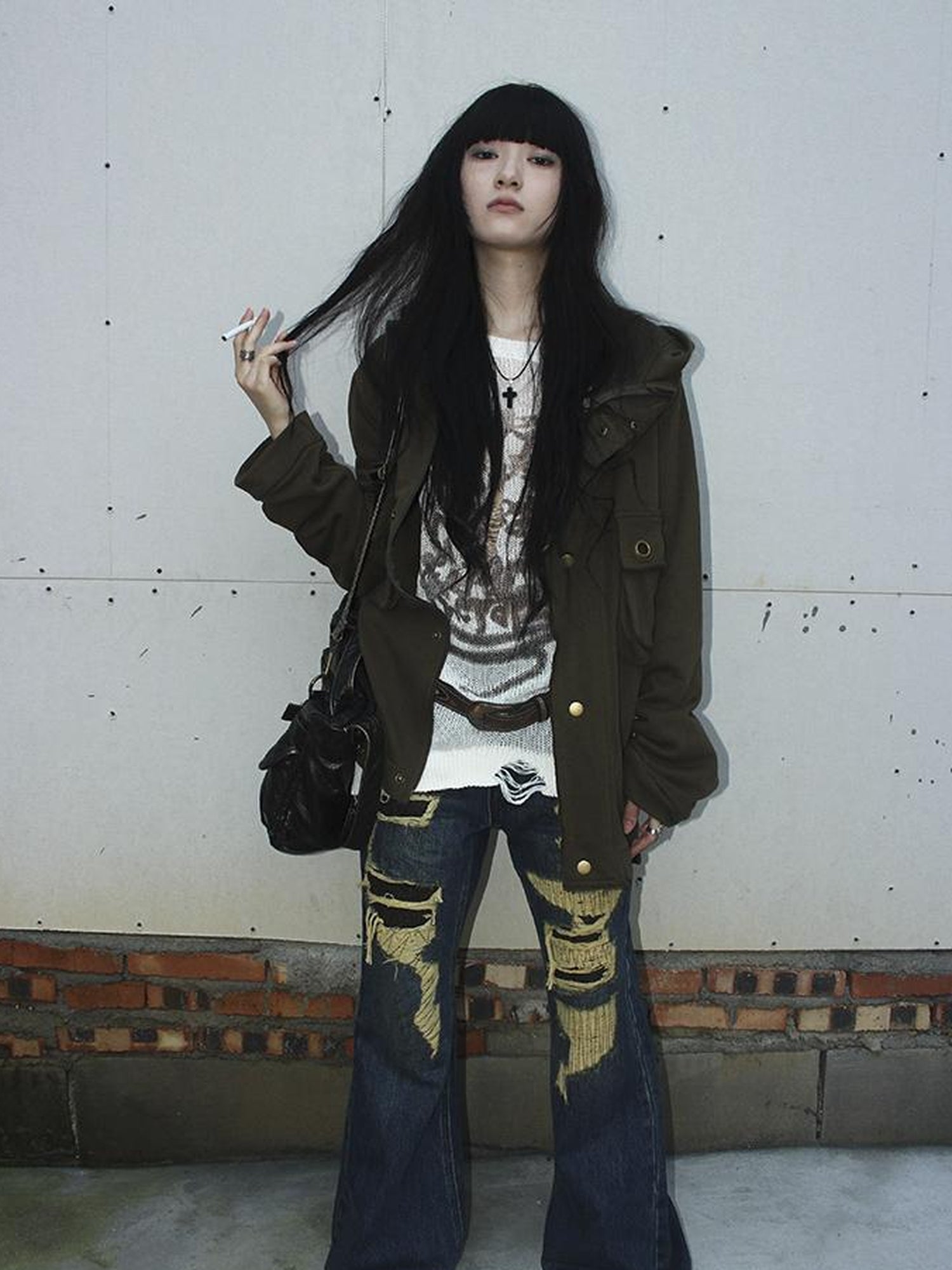 ang project Vintage Light Wash Frayed Hem Patchwork Leopard Ripped Flared Jeans